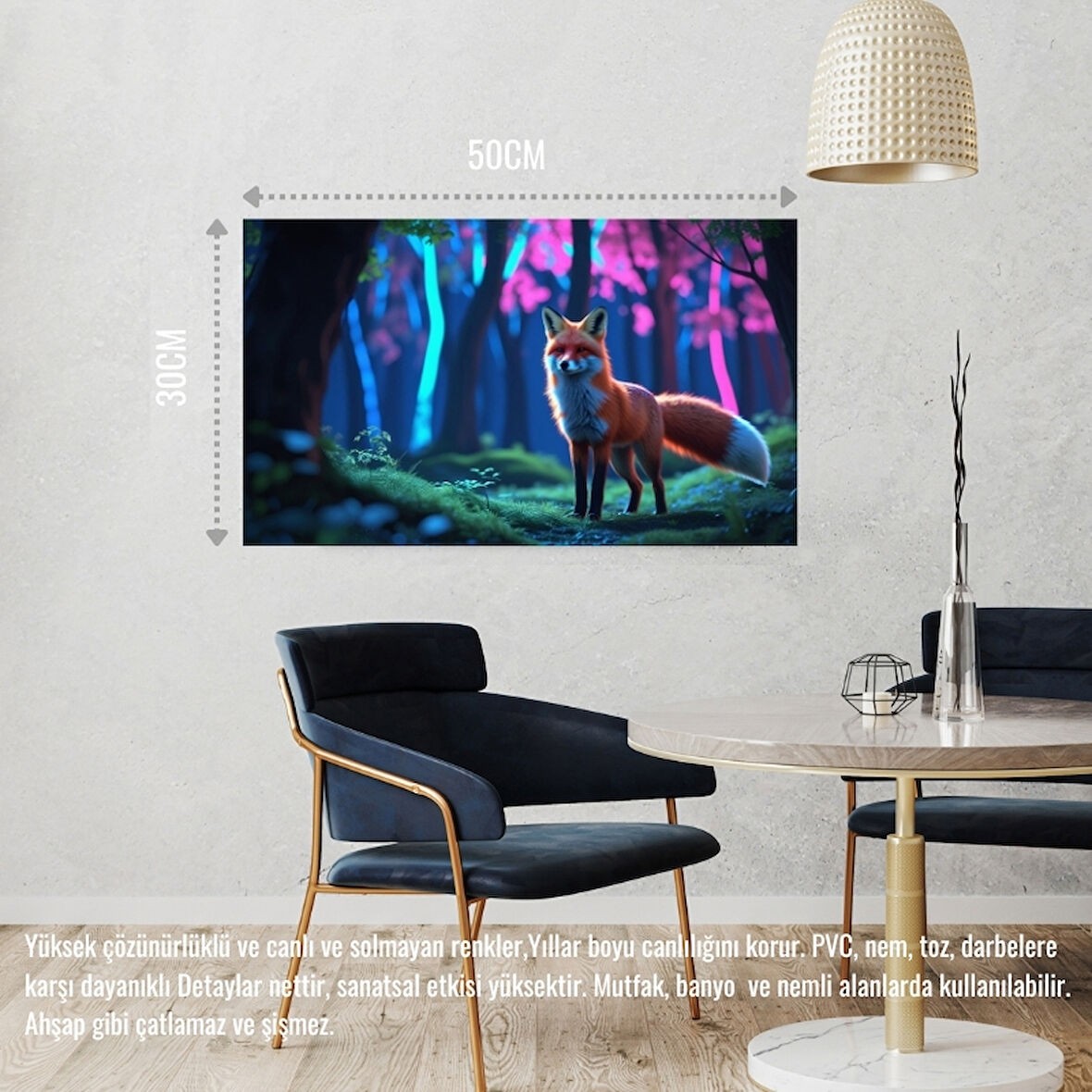 TİLKİ NEON ORMANINDA FANTASTİK 03 ÇERÇEVESİZ 50X30 CM PVC TABLO