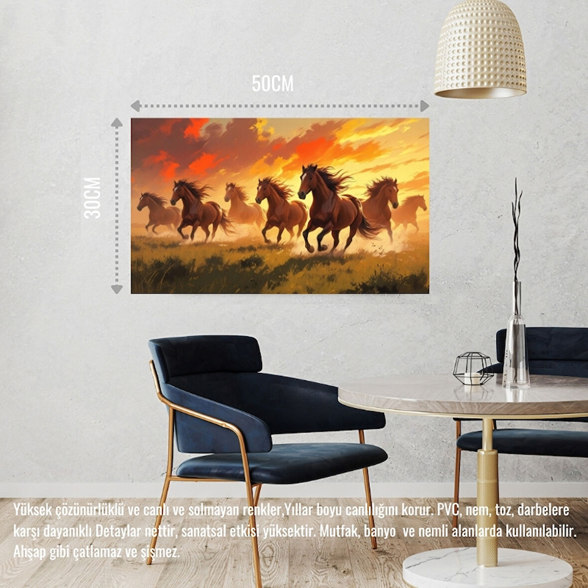 YABANİ ATLAR GÜN BATIMINDA ÇAYIRDA KOŞUYOR 03 ÇERÇEVESİZ 50X30 CM PVC TABLO
