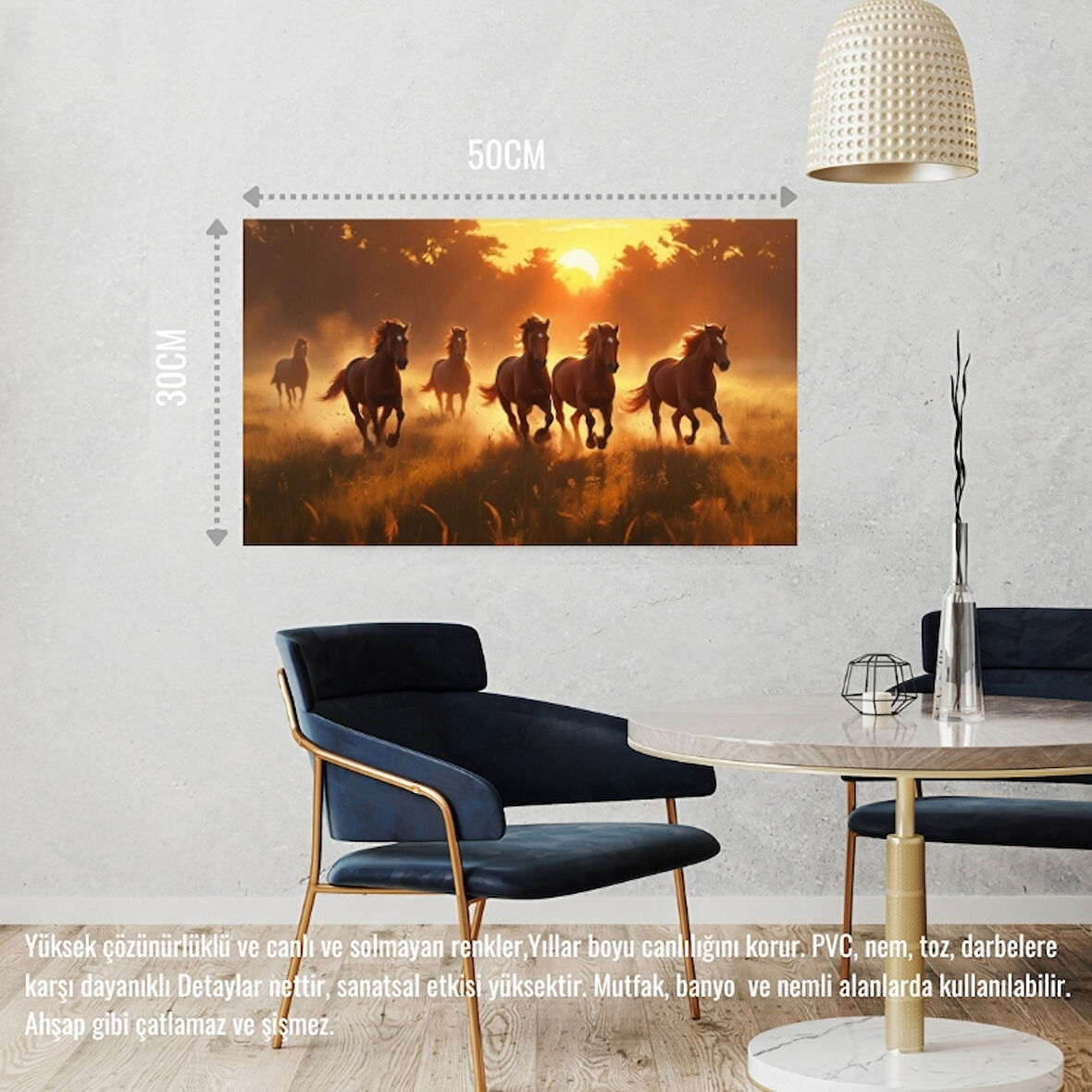 YABANİ ATLAR GÜN BATIMINDA ÇAYIRDA KOŞUYOR 04 ÇERÇEVESİZ 50X30 CM PVC TABLO