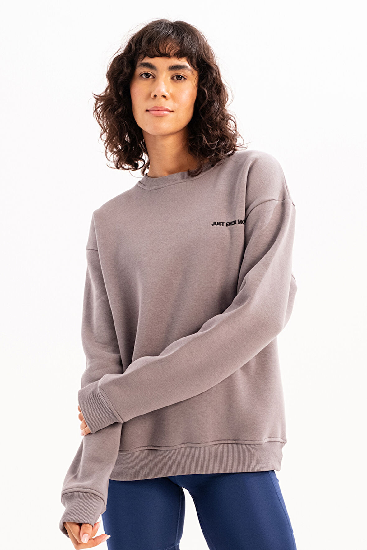 JUSTEVER Bisiklet Yaka Nakışlı Şardonlu İçi Polarlı Gri Kadın Sweatshirt - Rigil