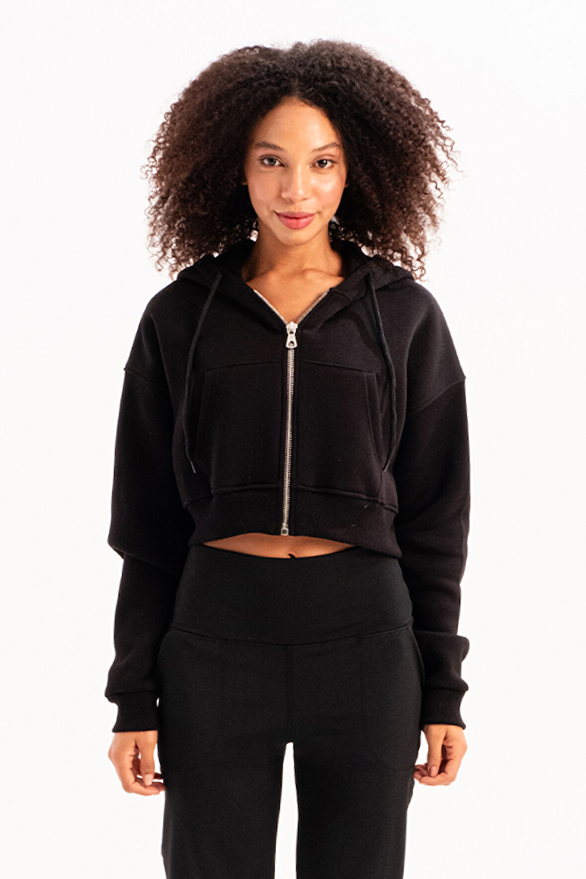JUSTEVER Crop Kapüşonlu Fermuarlı Kanguru Cepli Şardonlu Hoodie Siyah Kadın Sweatshirt - Lumen