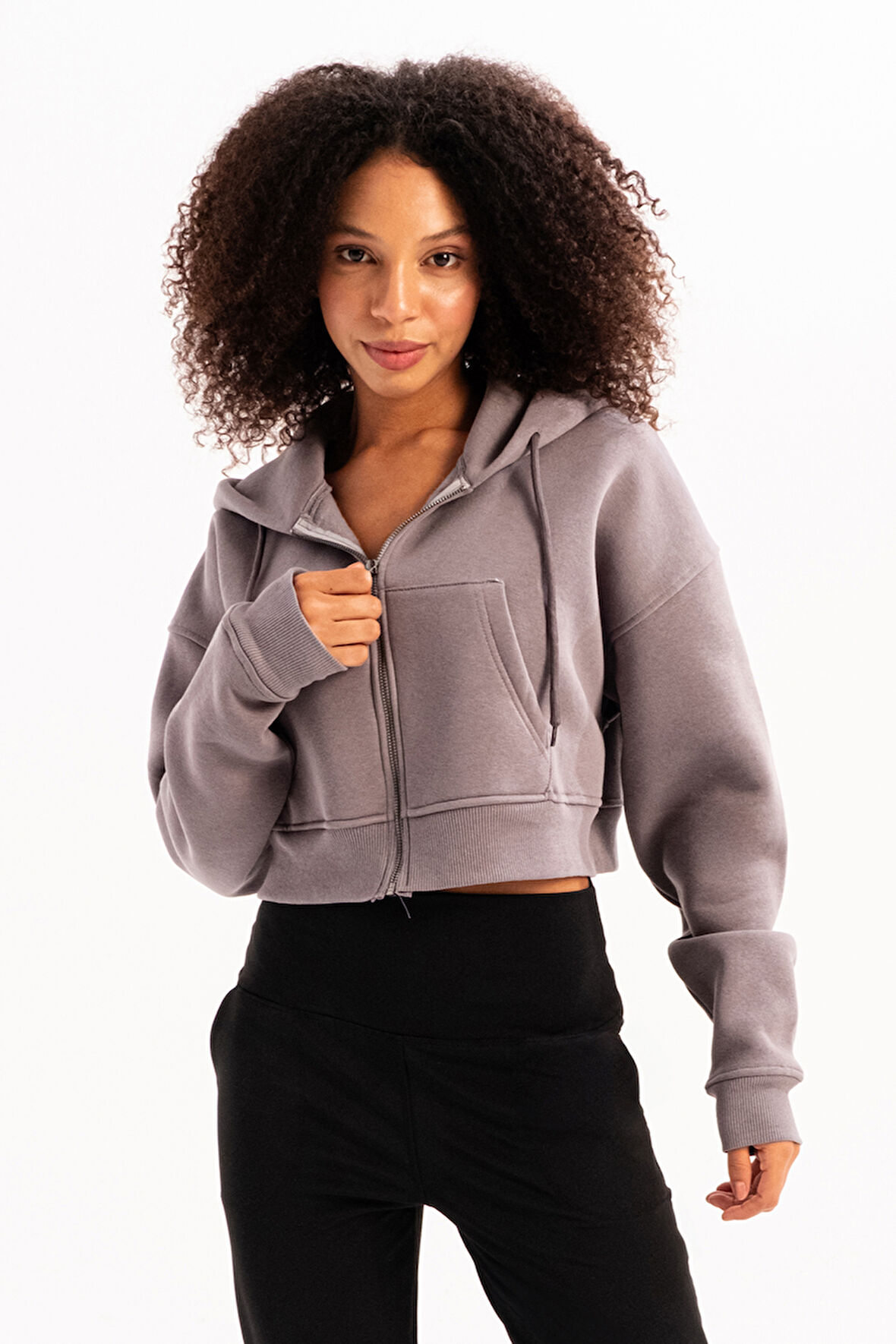 JUSTEVER Crop Kapüşonlu Fermuarlı Kanguru Cepli Şardonlu Hoodie Siyah Kadın Sweatshirt - Lumen