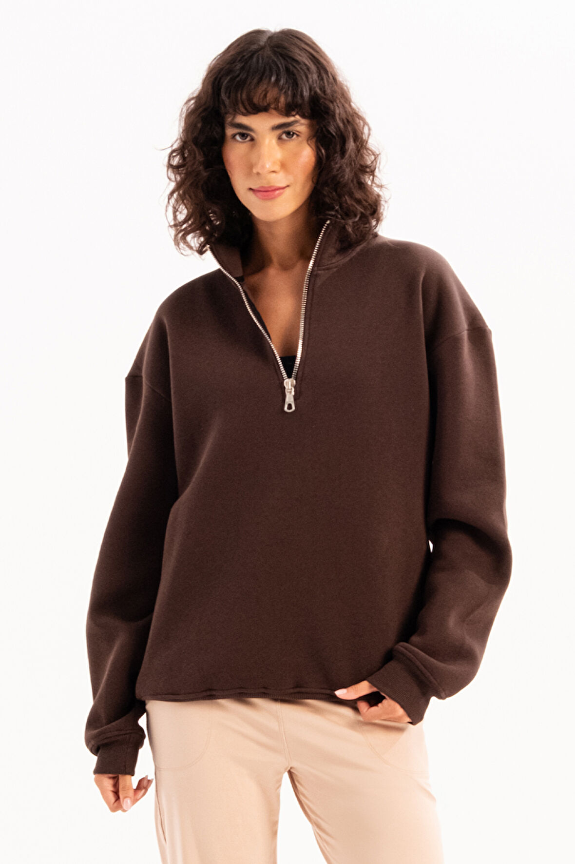 JUSTEVER Oversize Fit Dik Yaka Yarı Fermuarlı Şardonlu Siyah Kadın Sweatshirt - Cass