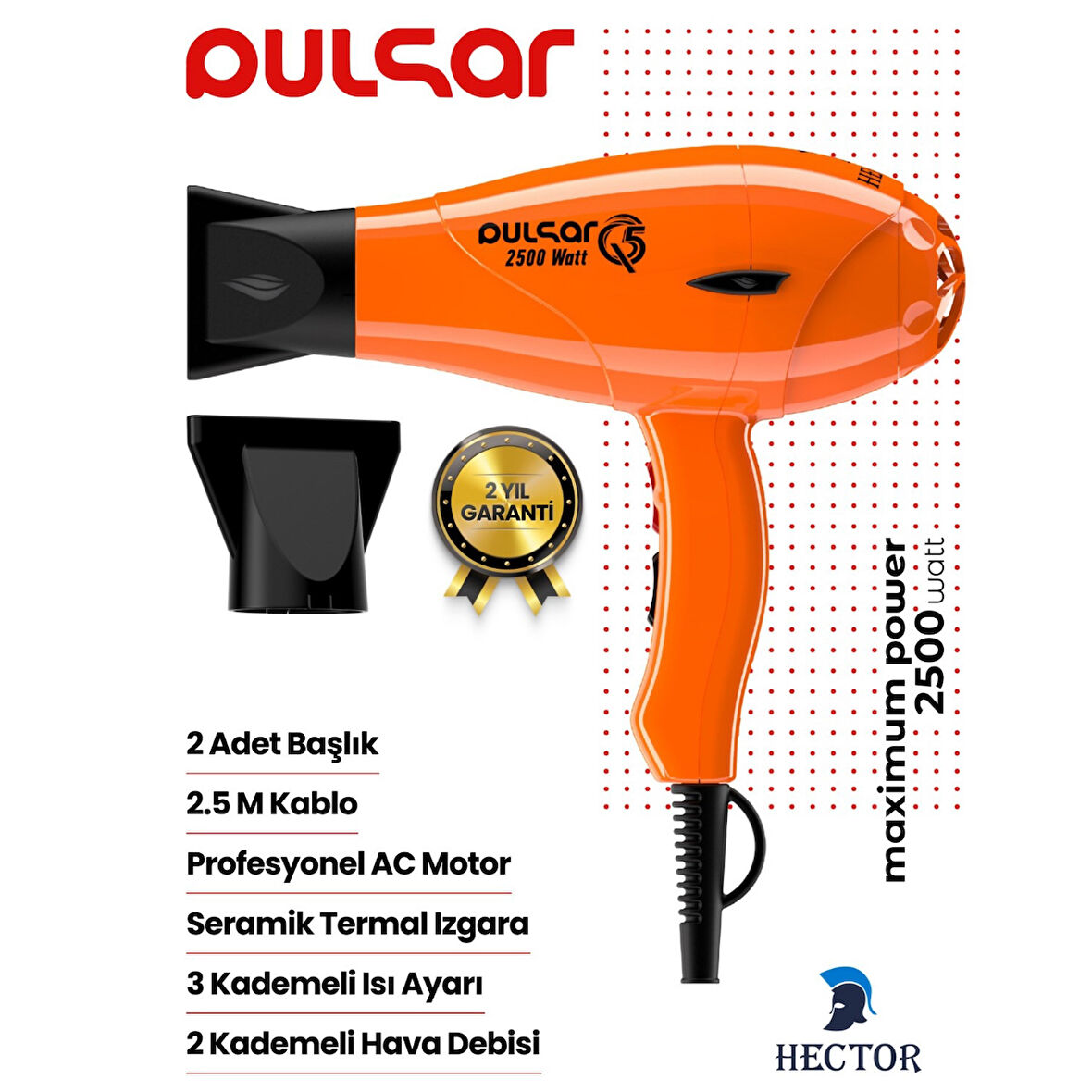 Hector Pulsar Q5 Profesyonel Saç Kurutma & Fön Makinesi 2500W Performans - Turuncu
