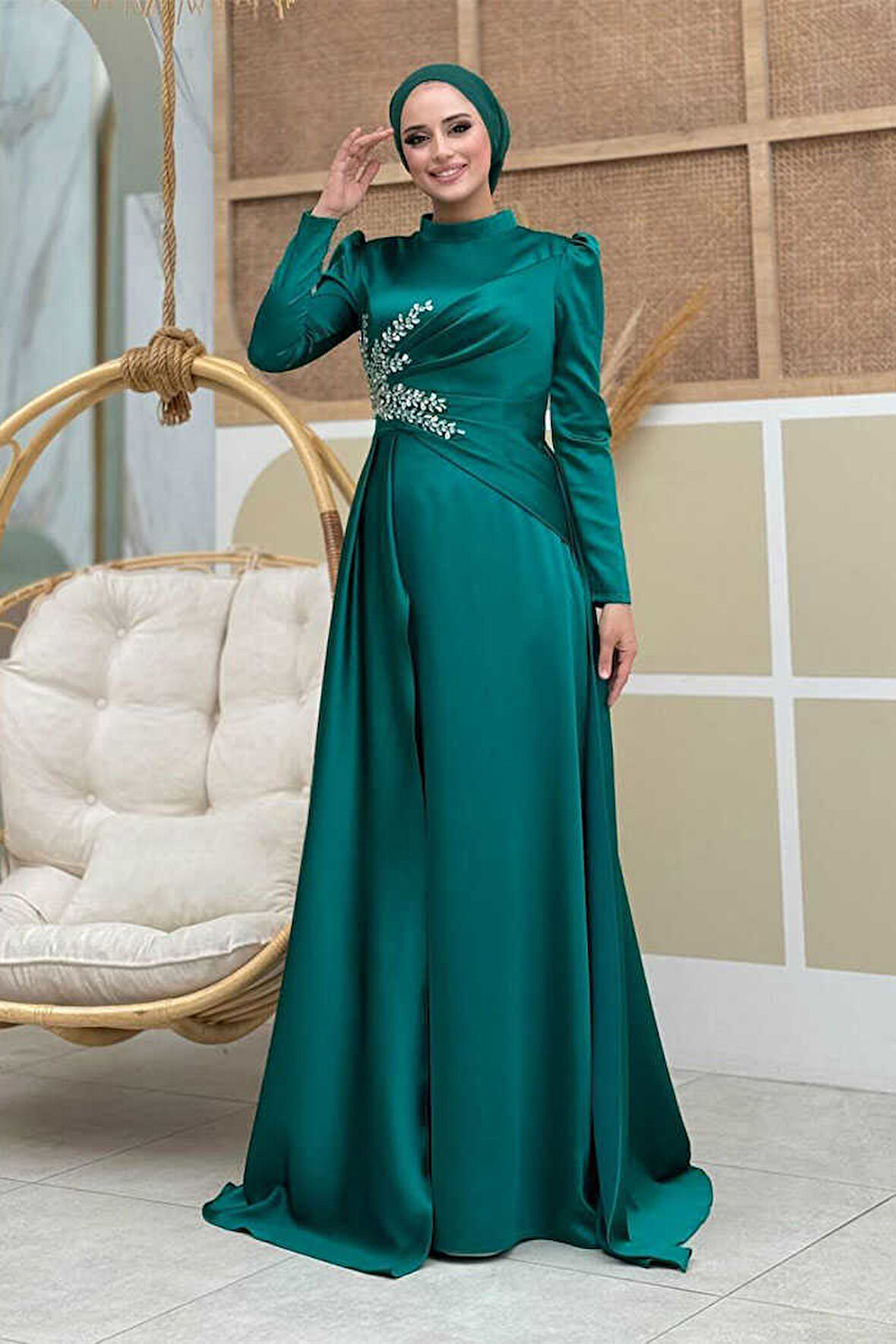 Taş Detaylı Saten Abiye 7027 Zümrüt