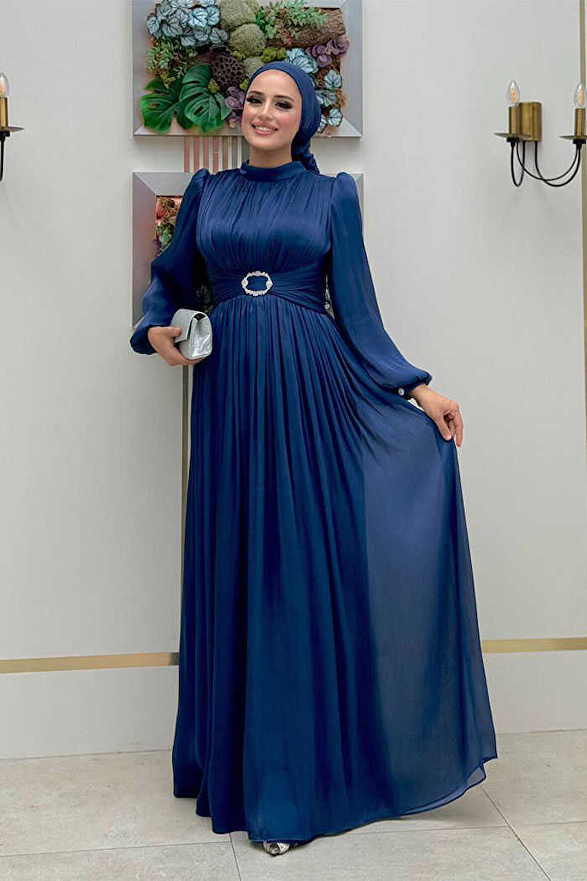 Balon Kol Pileli Abiye Elbise 7013 Lacivert