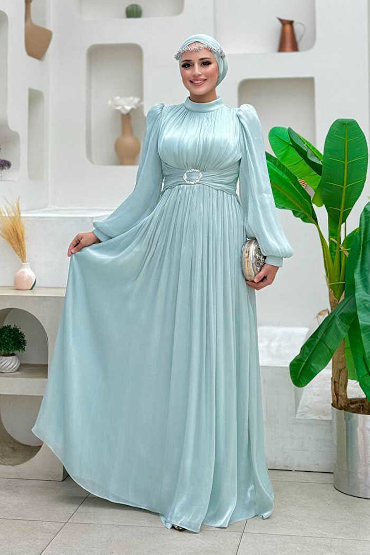 Balon Kol Pileli Abiye Elbise 7013 Mint