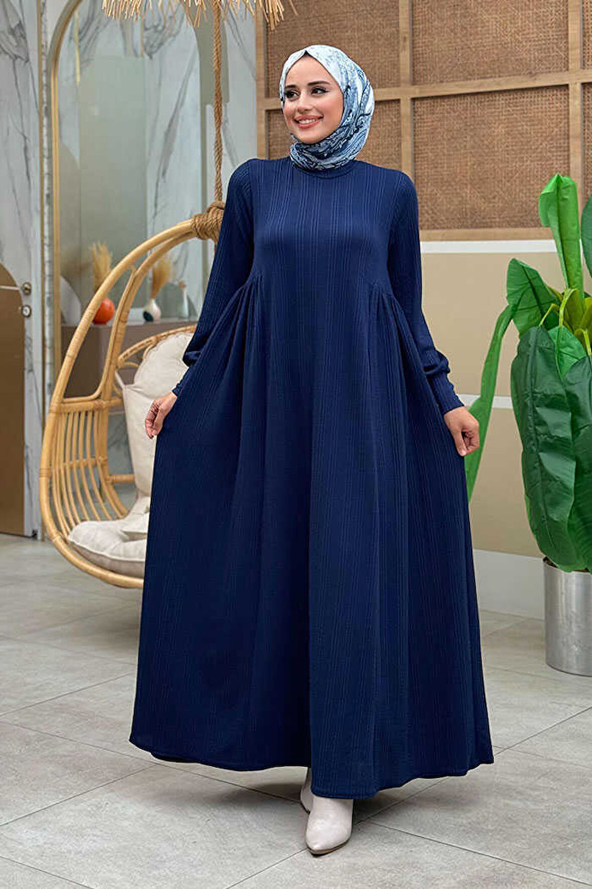Yanları Büzgülü Örme Elbise 6026 Lacivert