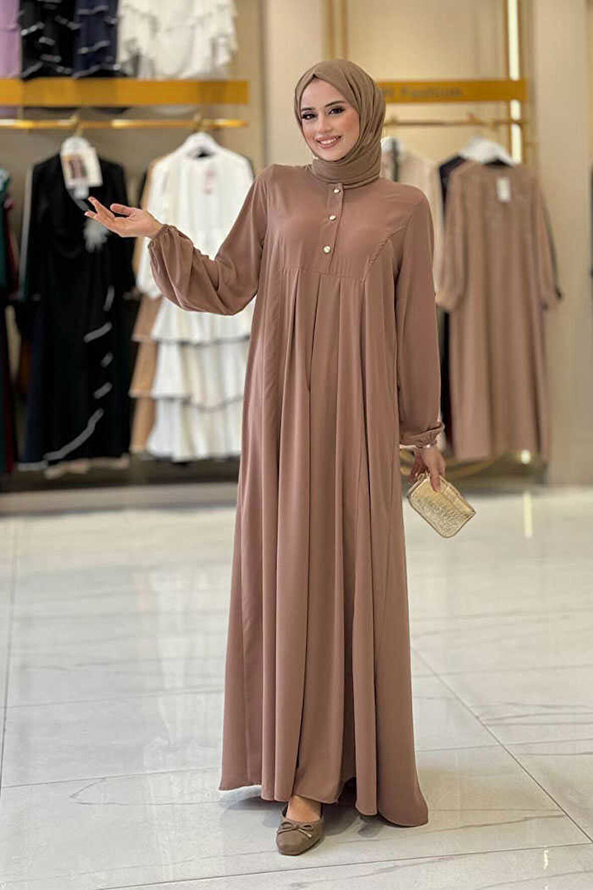 Düğme Detaylı Elbise 6028 Vizon