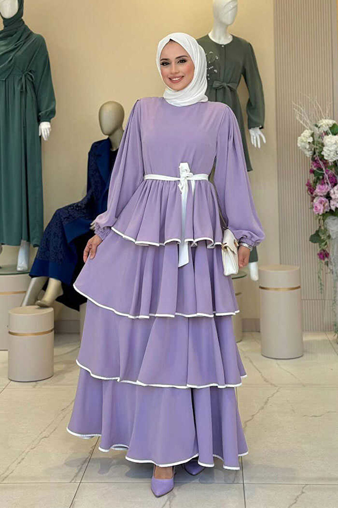 Bel Kuşaklı Kat Detay Elbise 6029 Lila