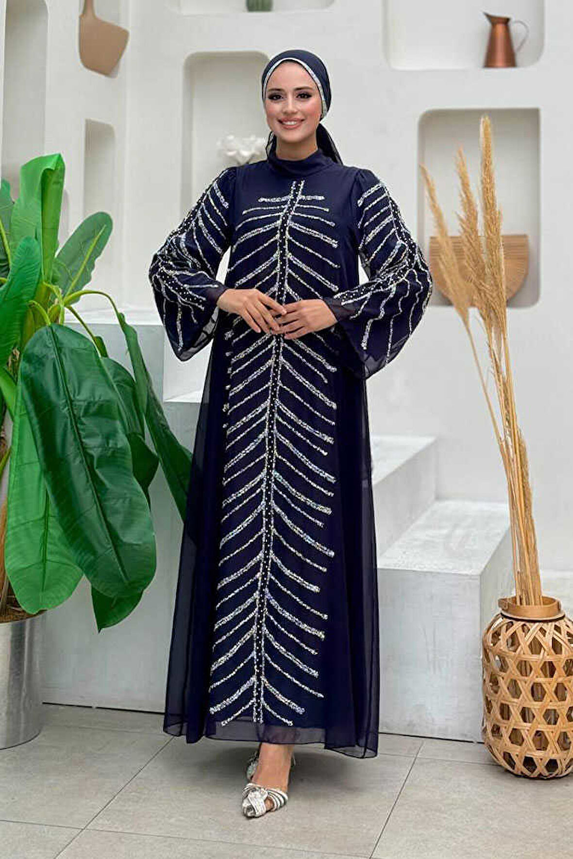 Taş Detaylı Abiye Elbise 3915 Lacivert