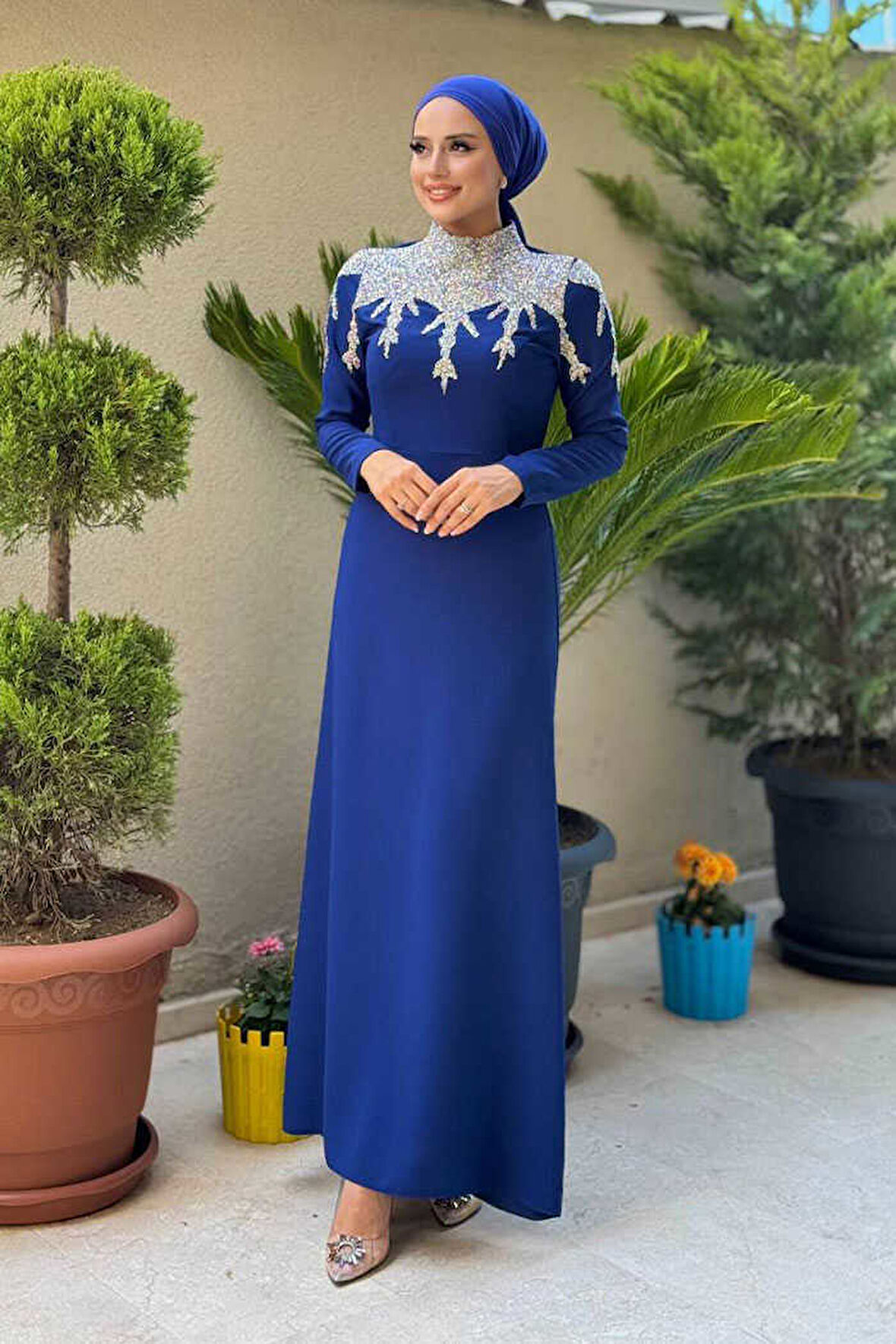 Taş Detaylı Abiye Elbise 3916 Lacivert