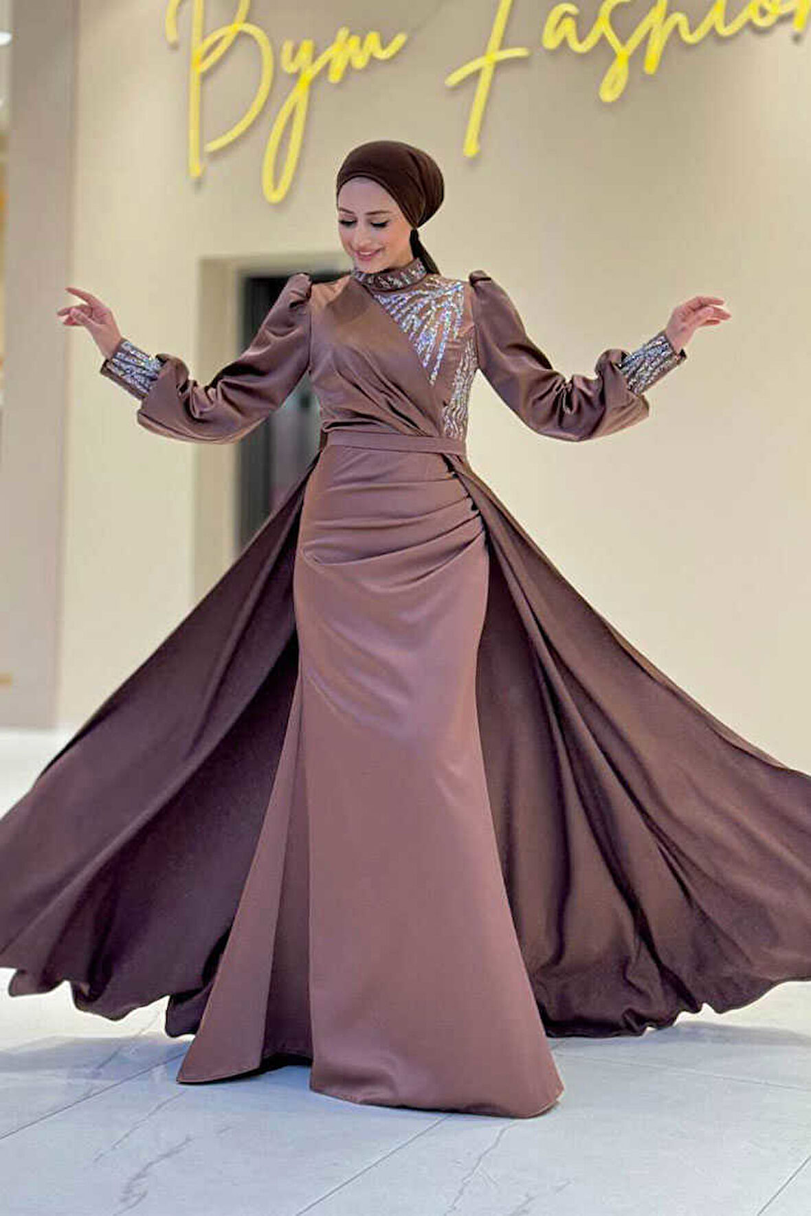 Bym Fashion Taşlı Kuyruk Detay Abiye Elbise 7044 Kahverengi
