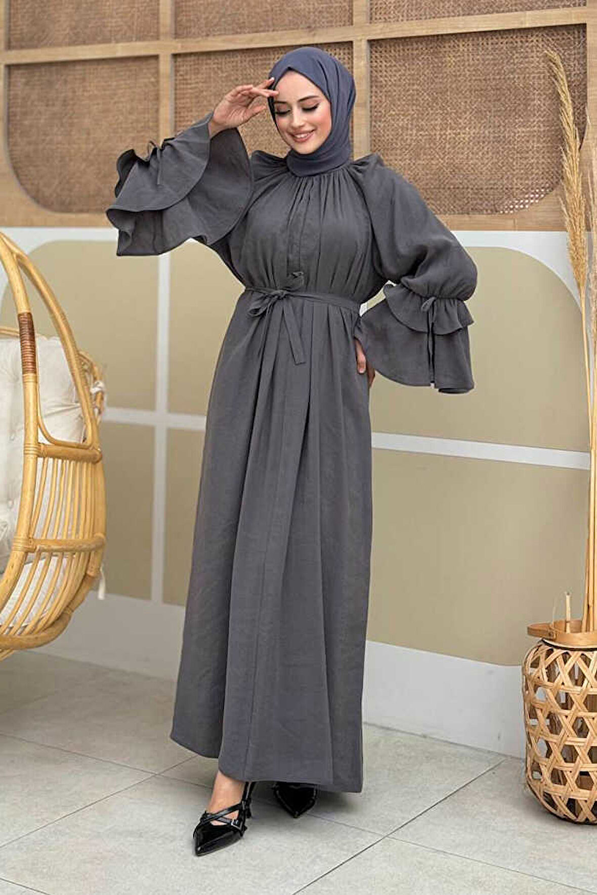 Kol Fırfır Detaylı Elbise 3925 Füme