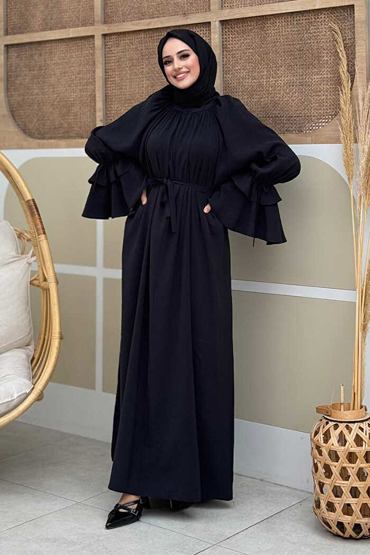 Kol Fırfır Detaylı Elbise 3925 Siyah