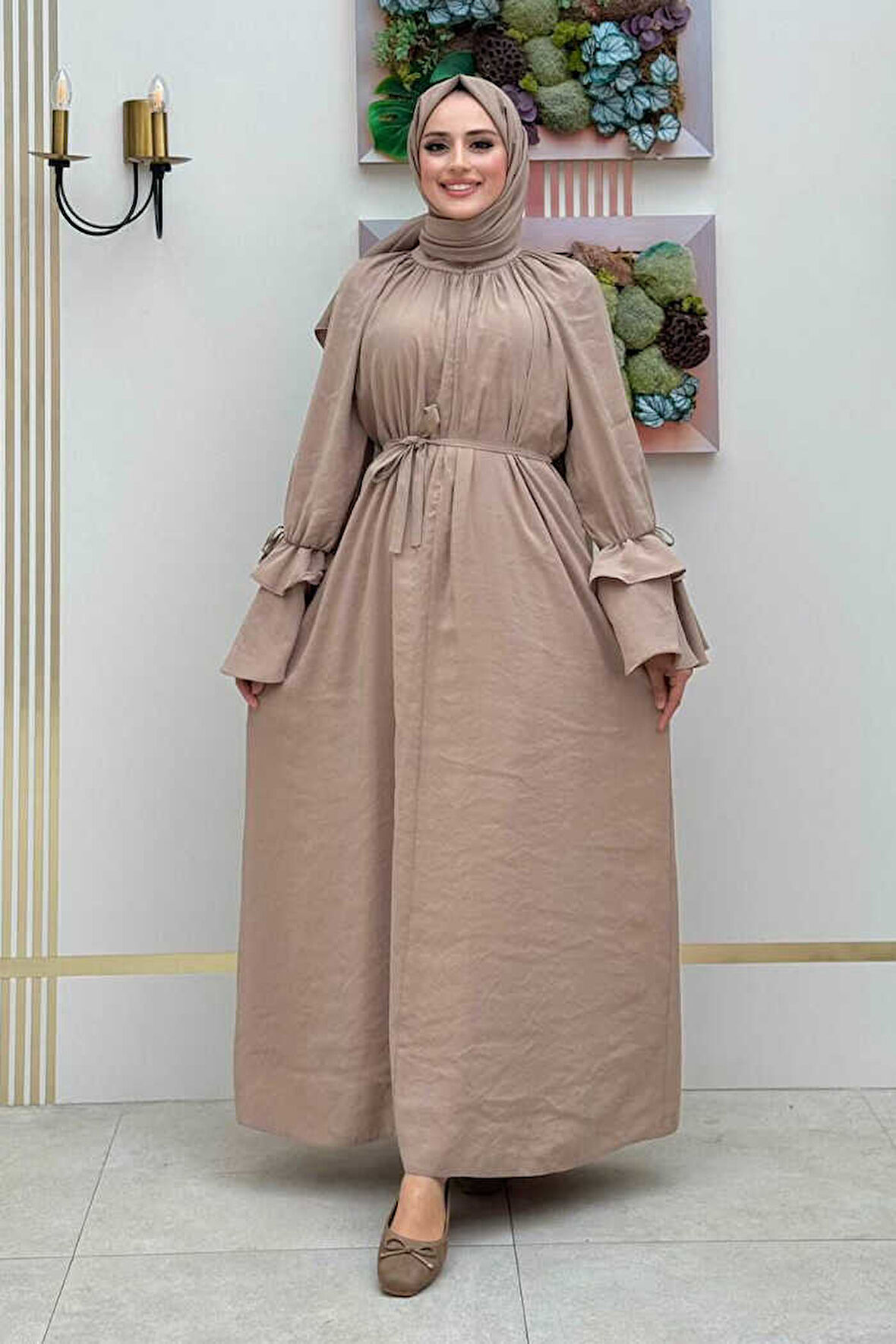 Kol Fırfır Detaylı Elbise 3925 Vizon