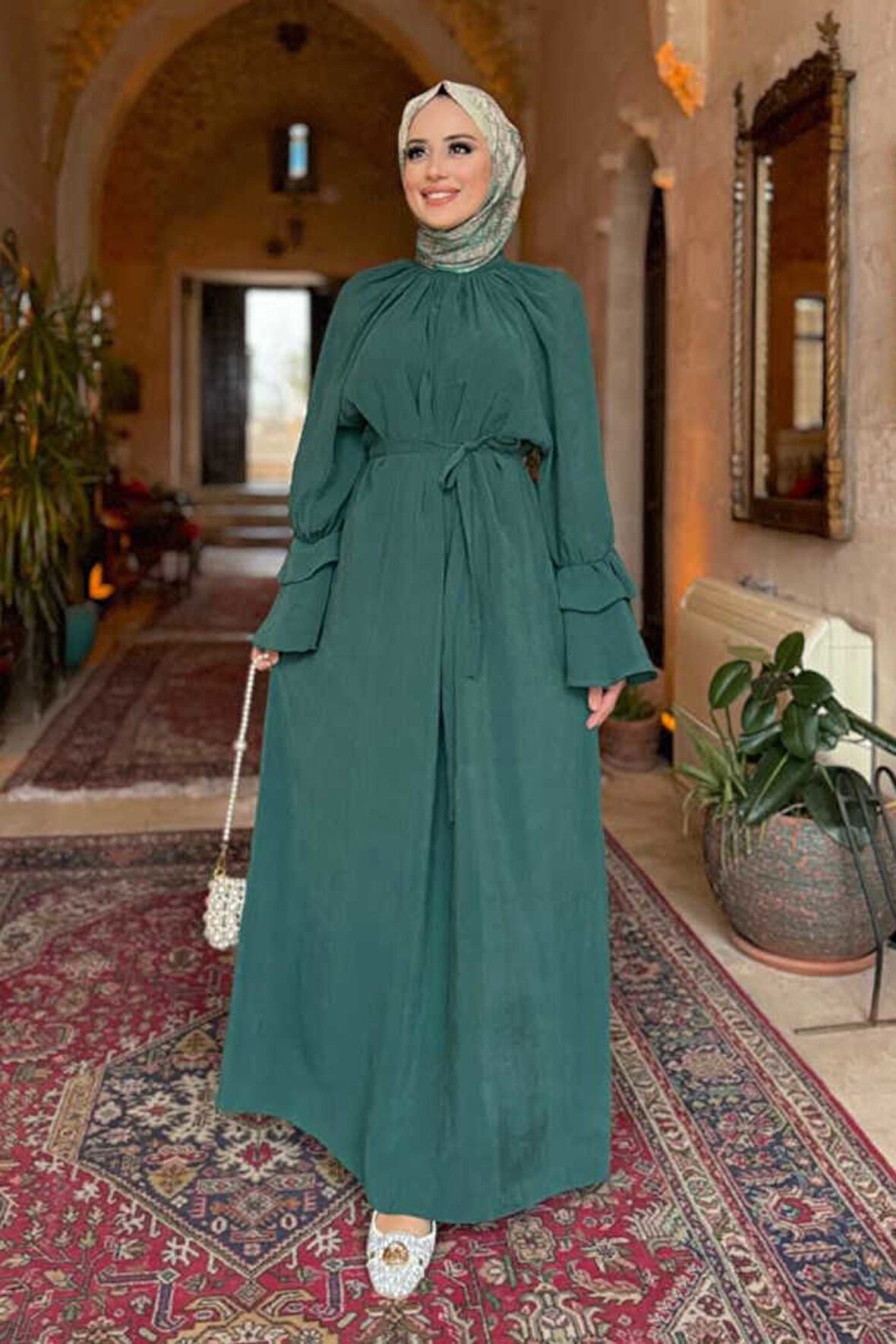 Kol Fırfır Detaylı Elbise 3925 Zümrüt