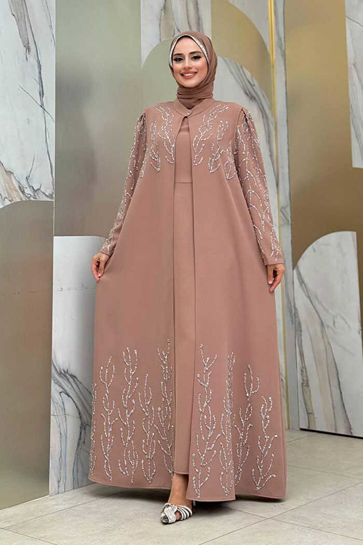 Taş Detaylı Yelekli Elbise Takım 3929 Vizon