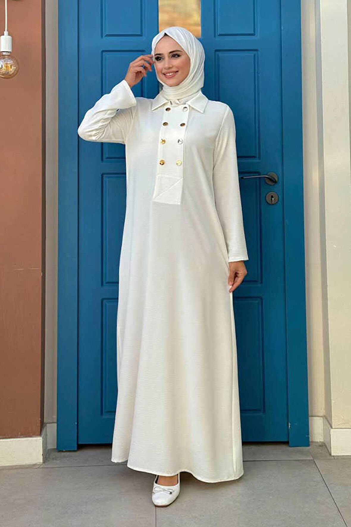 Çıt Çıt Düğme Detaylı Elbise 3928 Ekru