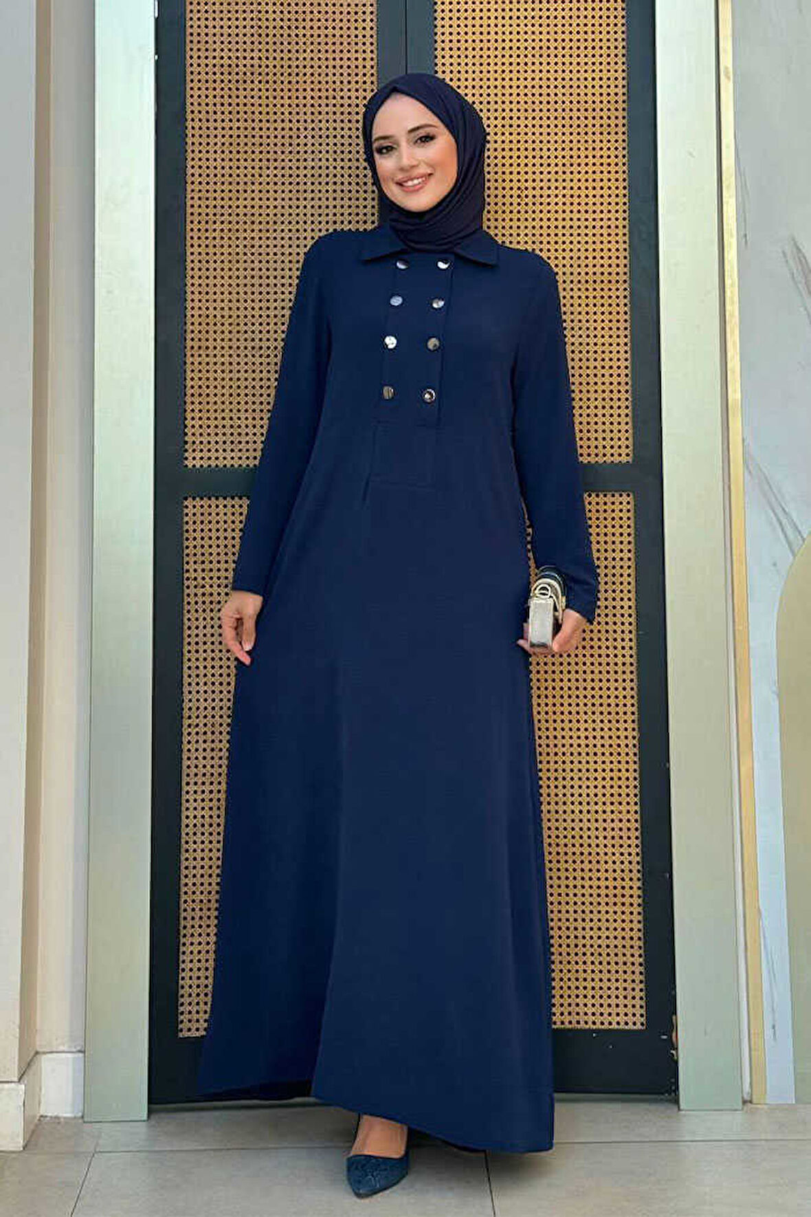Çıt Çıt Düğme Detaylı Elbise 3928 Lacivert