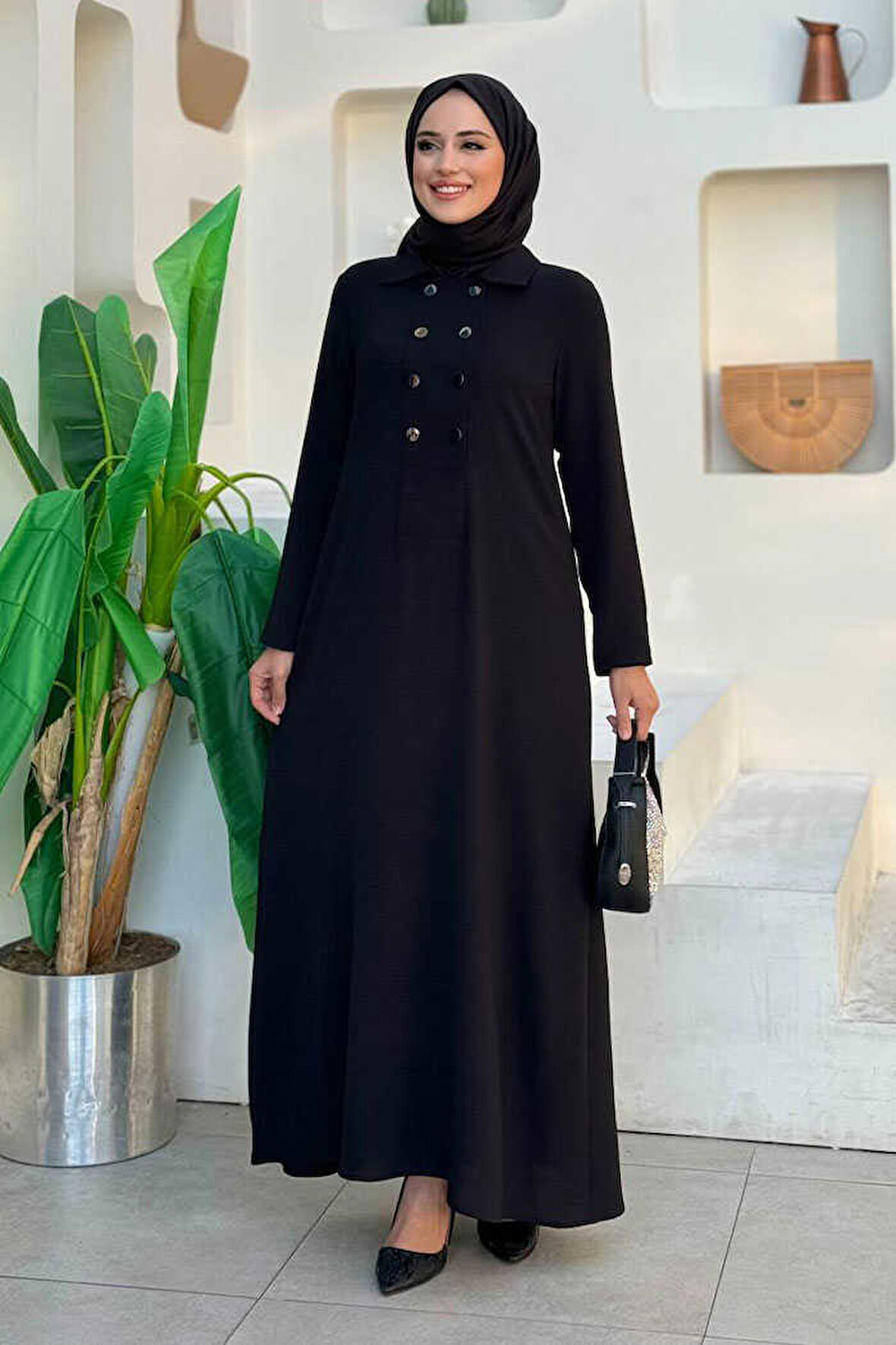 Çıt Çıt Düğme Detaylı Elbise 3928 Siyah