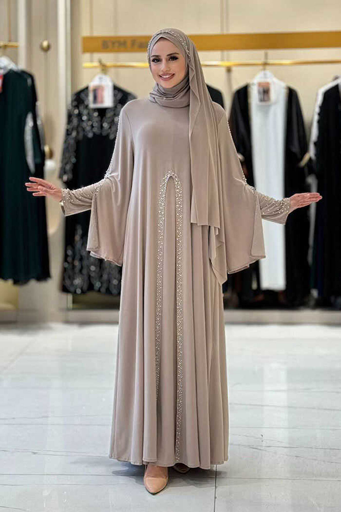 Pelerin, Elbise ve Şal Üçlü Takım 3932 Vizon