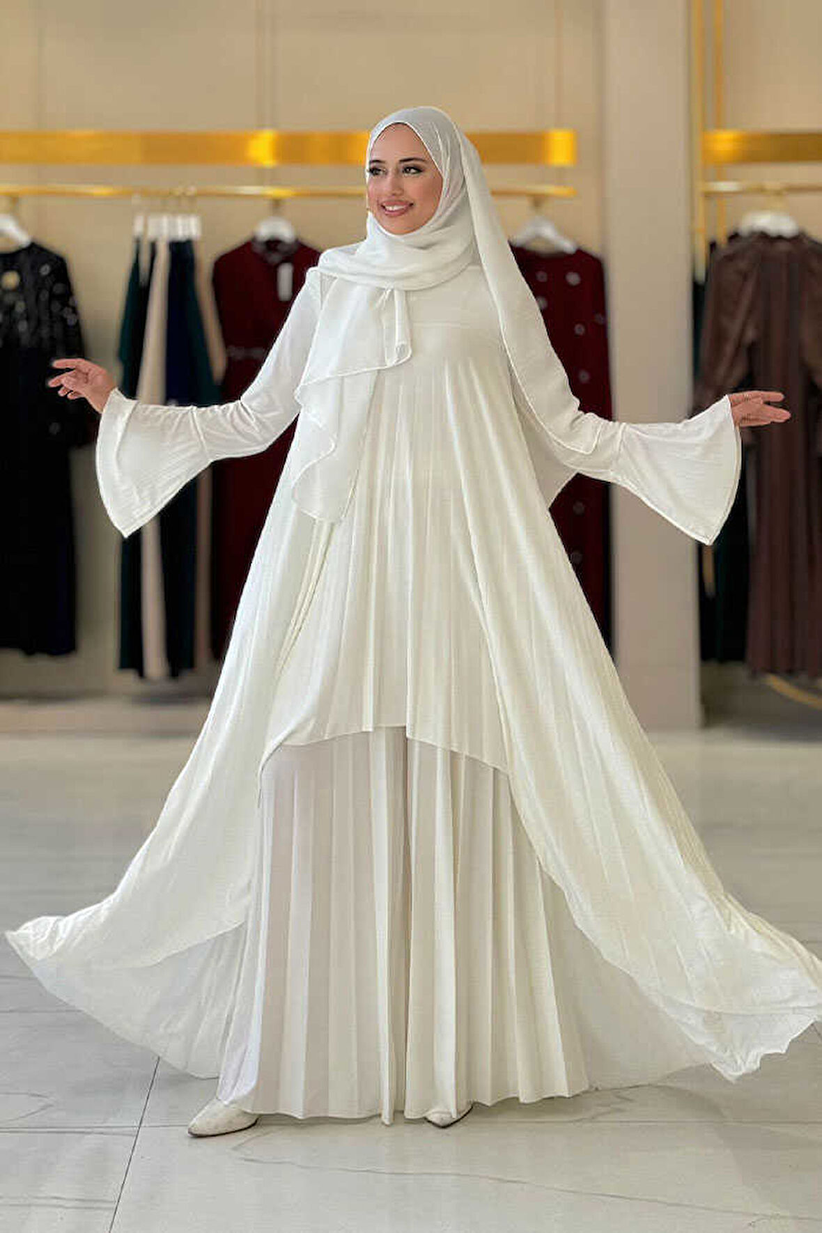 Pilise Detaylı Uzun Tunik ve Pantolon İkili Takım 8575 Ekru