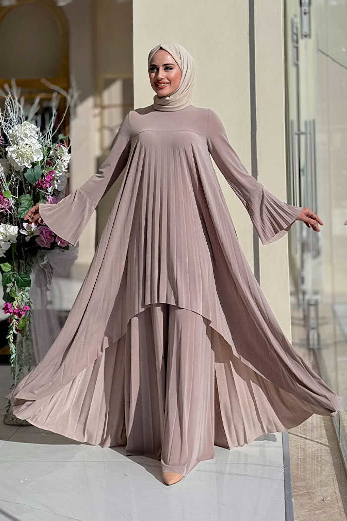 Pilise Detaylı Uzun Tunik ve Pantolon İkili Takım 8575 Vizon