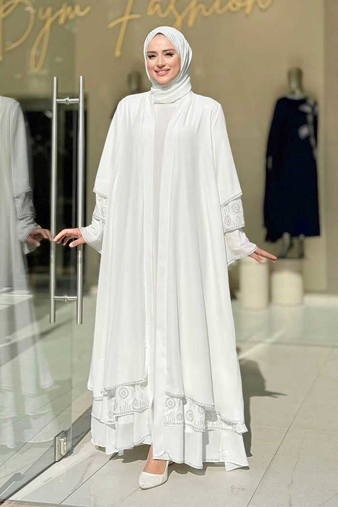 Taş Detaylı Şal ve Abaya İkili Takım 70001 Ekru