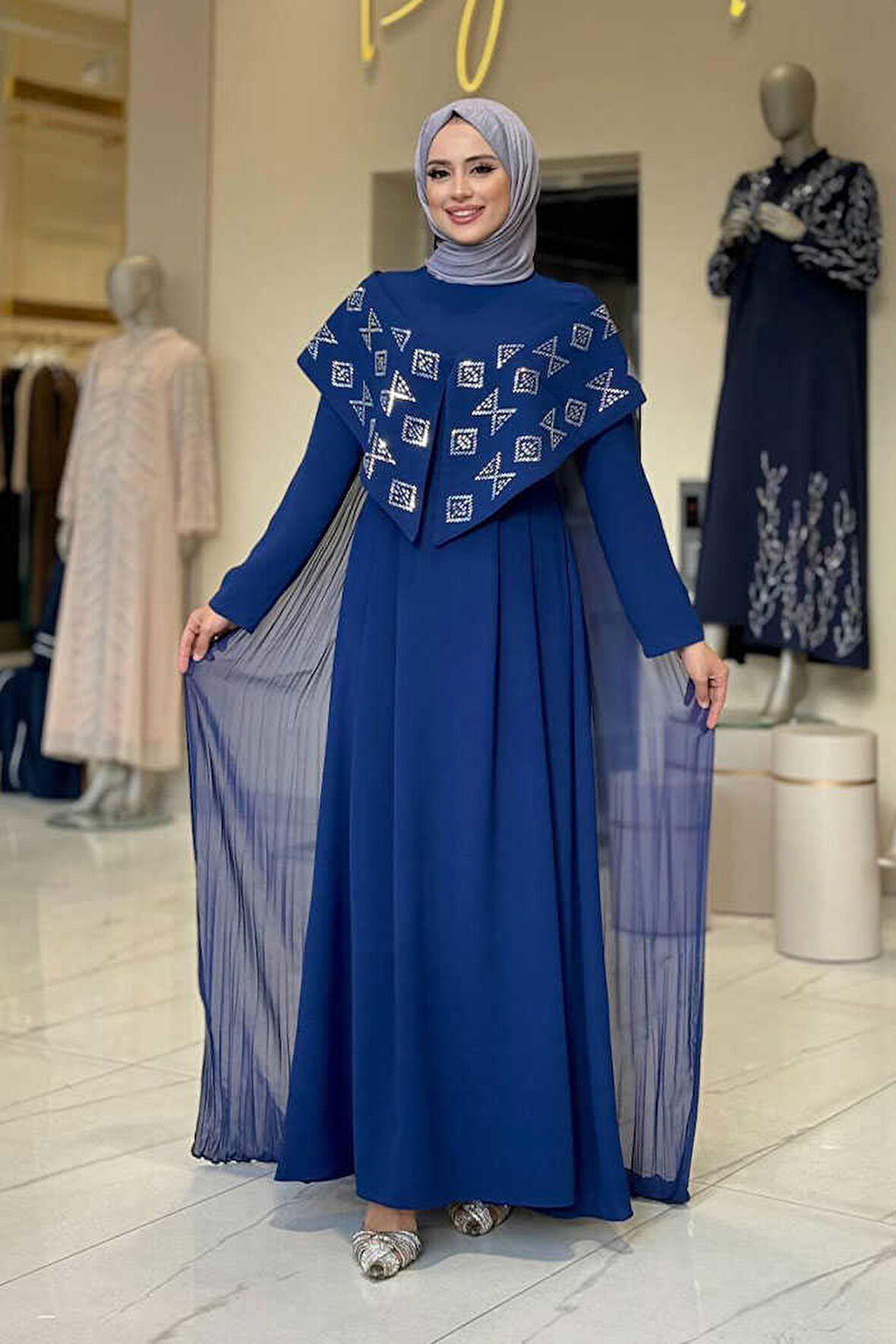 Pelerin Detaylı Elbise 3940 Lacivert