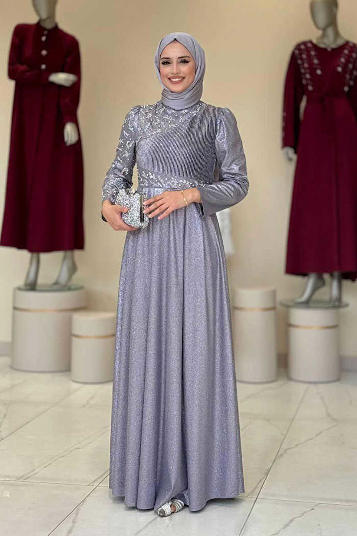 Simli Taş Detaylı Abiye 3934 Gri