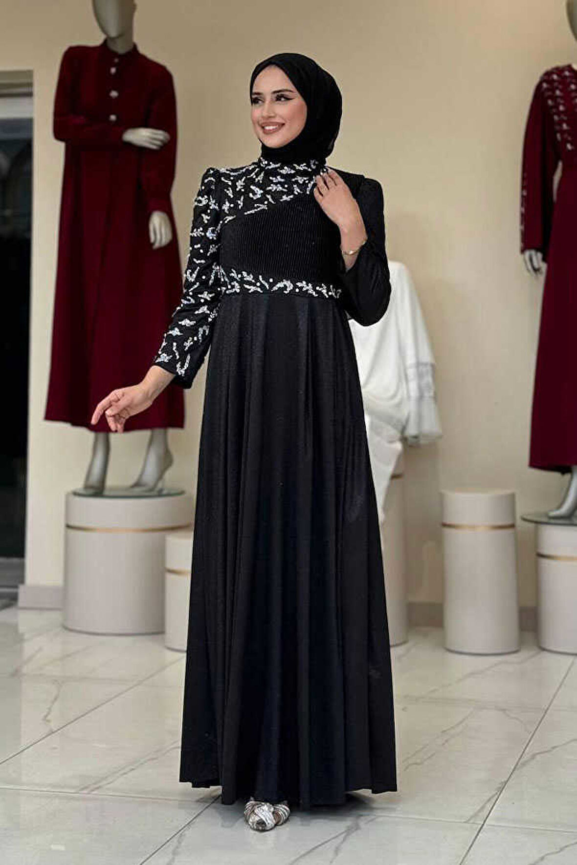 Simli Taş Detaylı Abiye 3934 Siyah