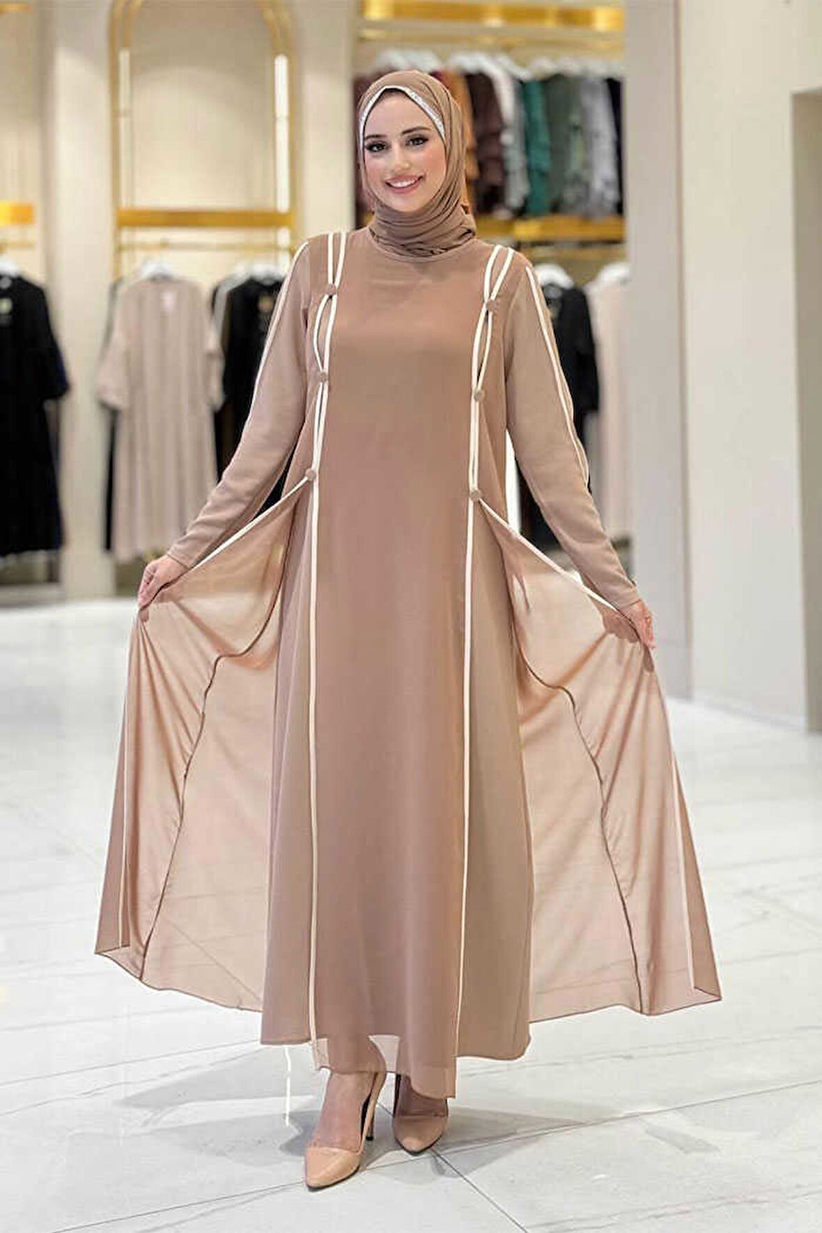 Düğme Detaylı Elbise 3919 Vizon