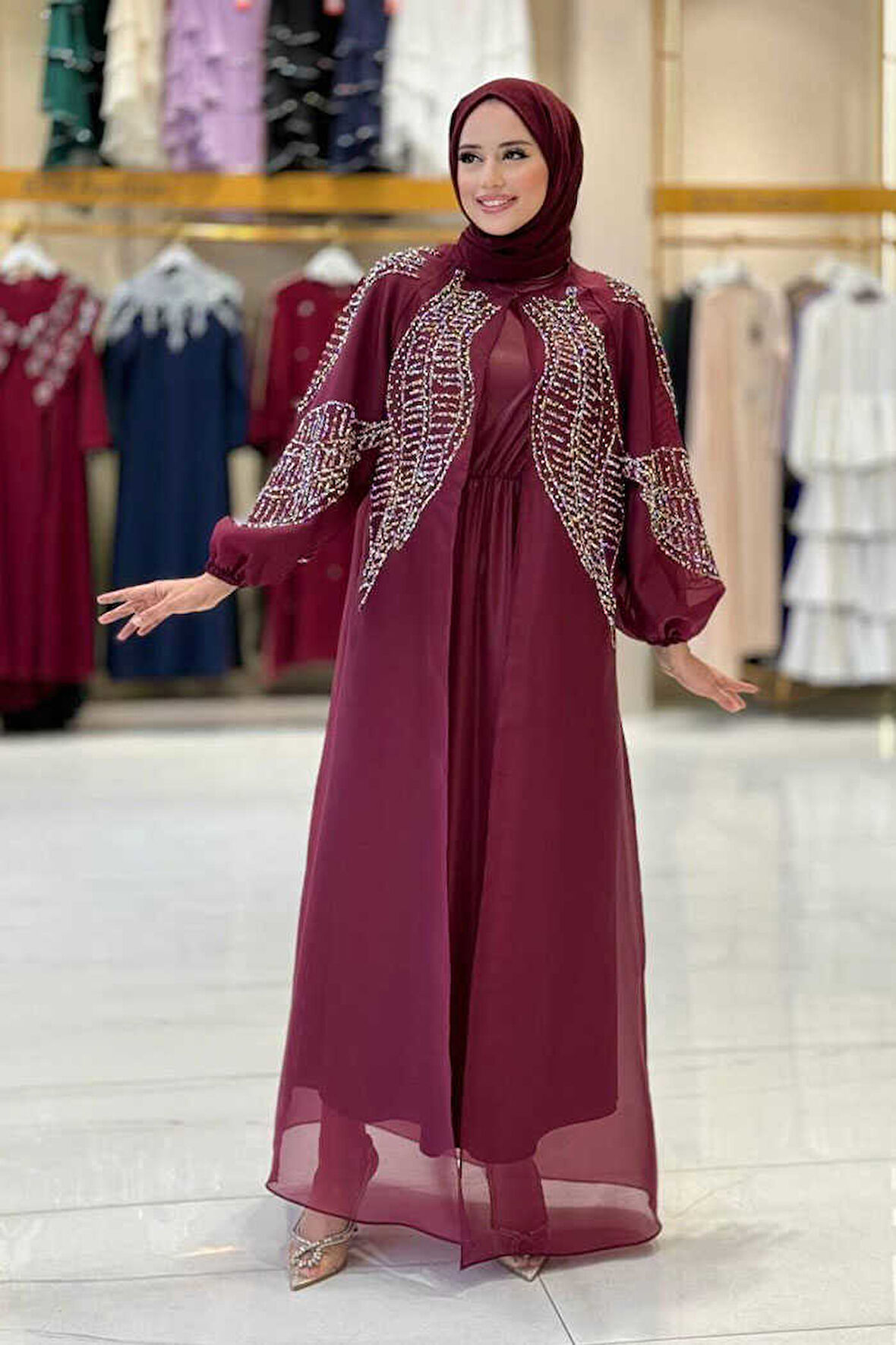 Taş Detaylı Elbise Abaya Takım 3943 Bordo