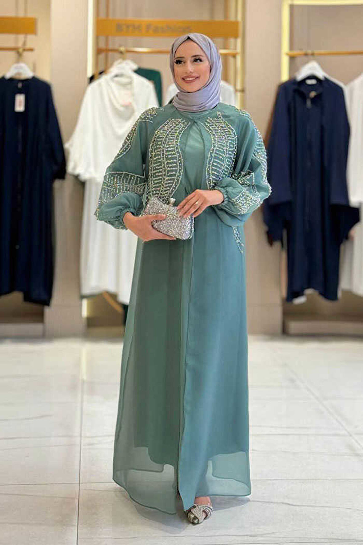 Taş Detaylı Elbise Abaya Takım 3943 Mint