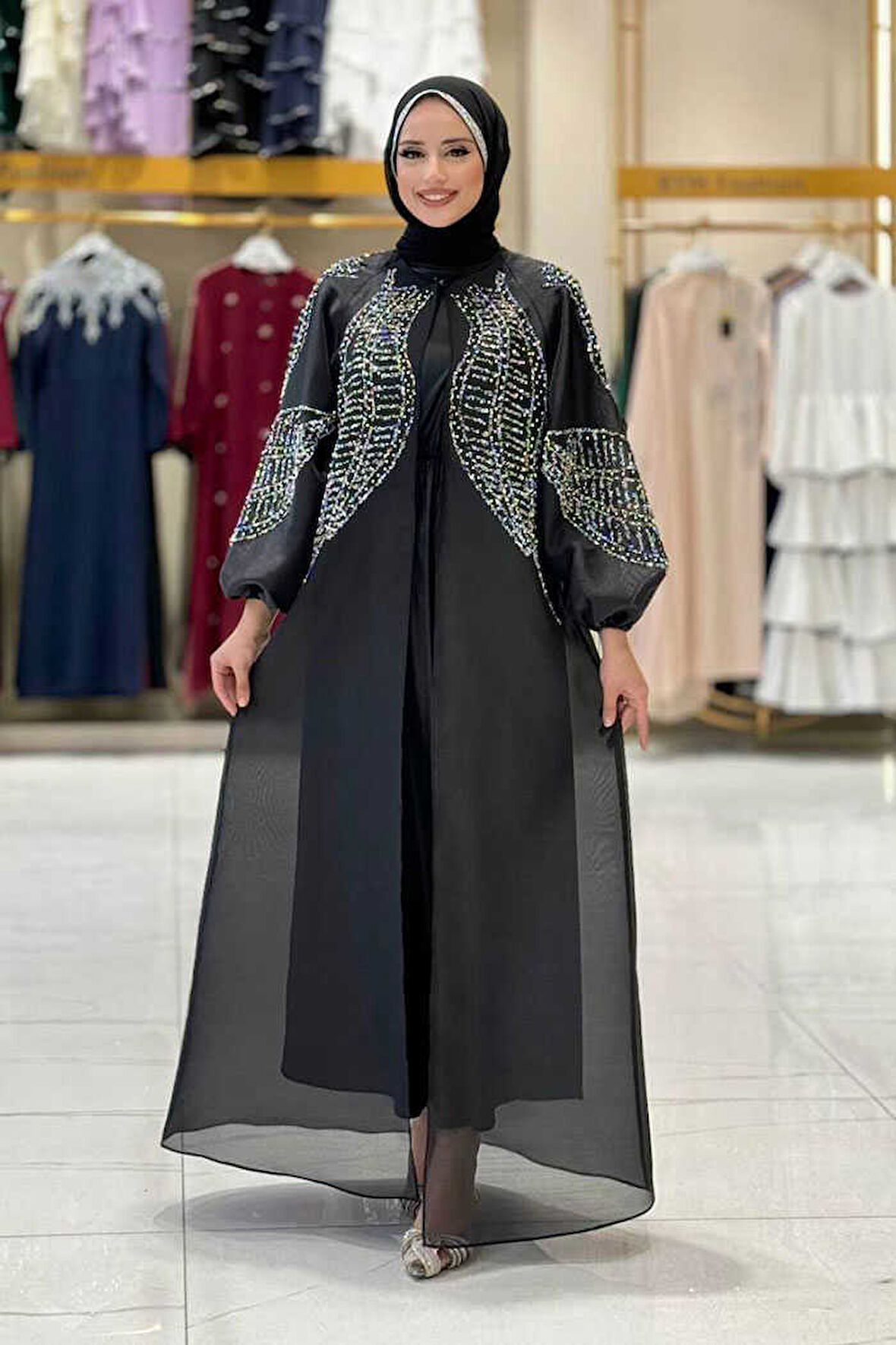 Taş Detaylı Elbise Abaya Takım 3943 Siyah