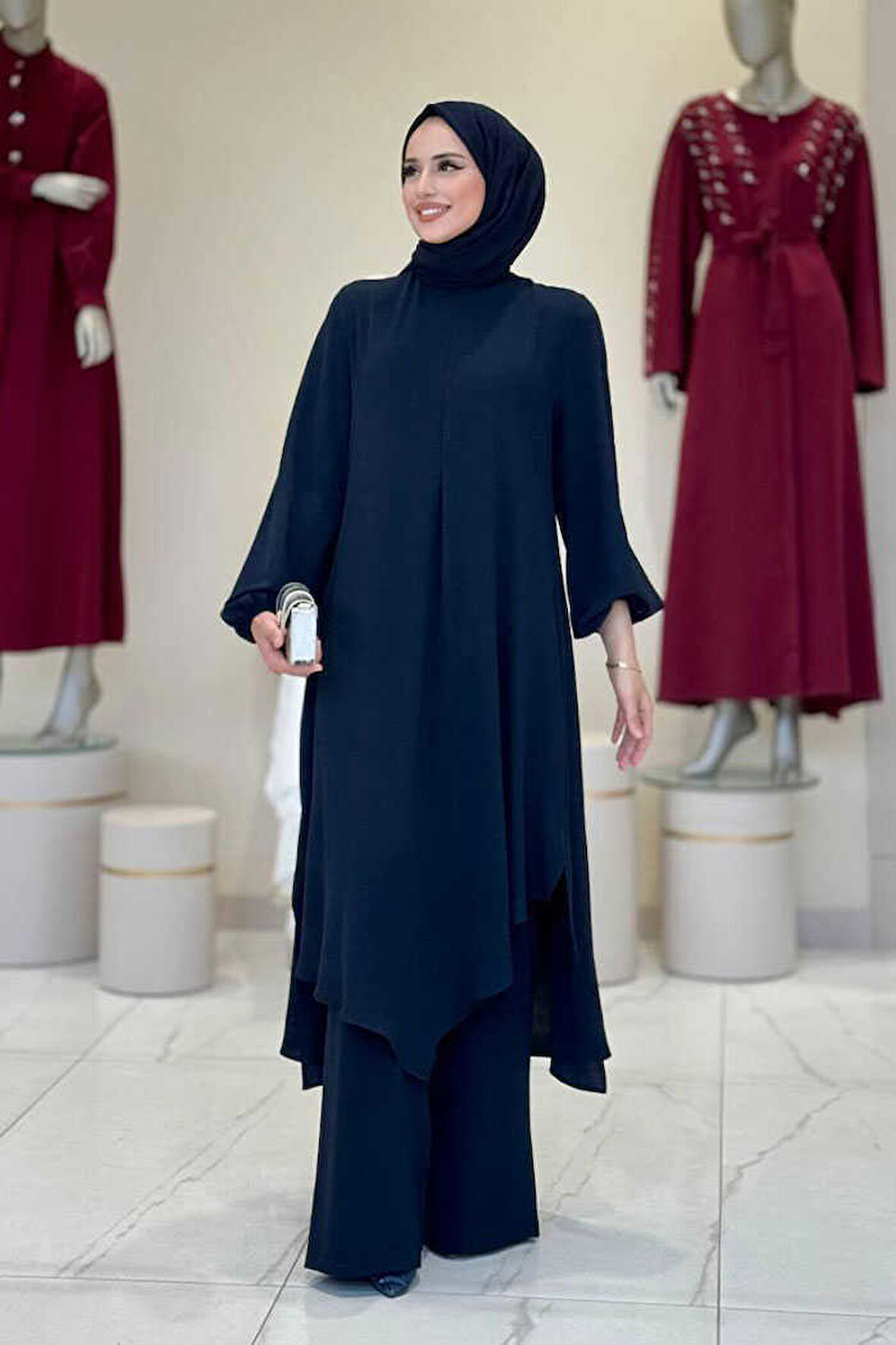 Verevli Tunik, Pantolon ve Şal Üçlü Takım 3937 Lacivert