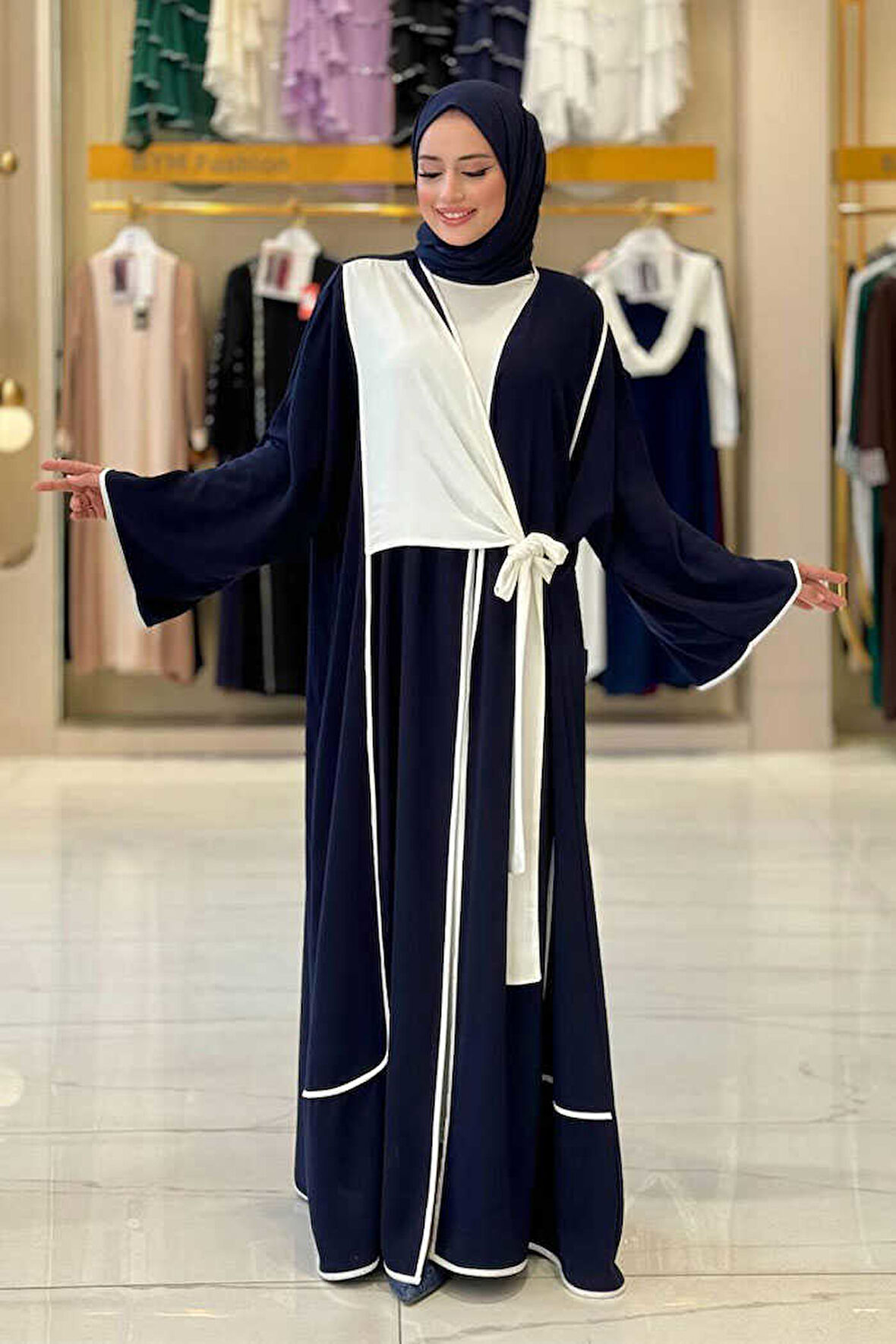 Önden Bağlama Detaylı Abaya 70005 Lacivert