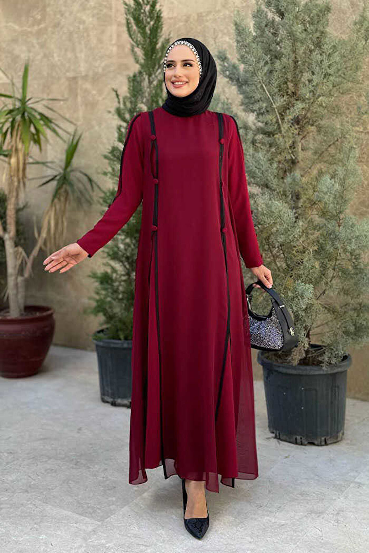 Düğme Detaylı Elbise 3919 Bordo