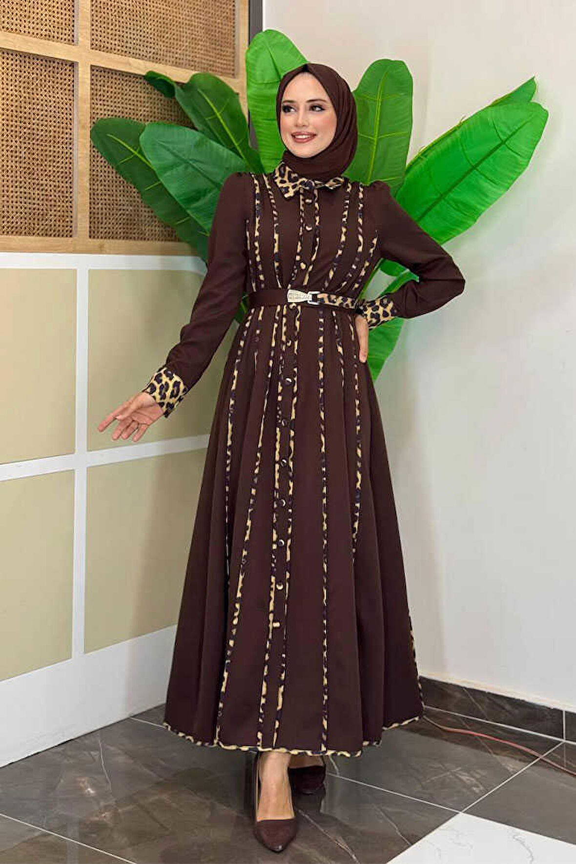 Leopar Biyeli Kemerli Elbise 3930 Kahverengi