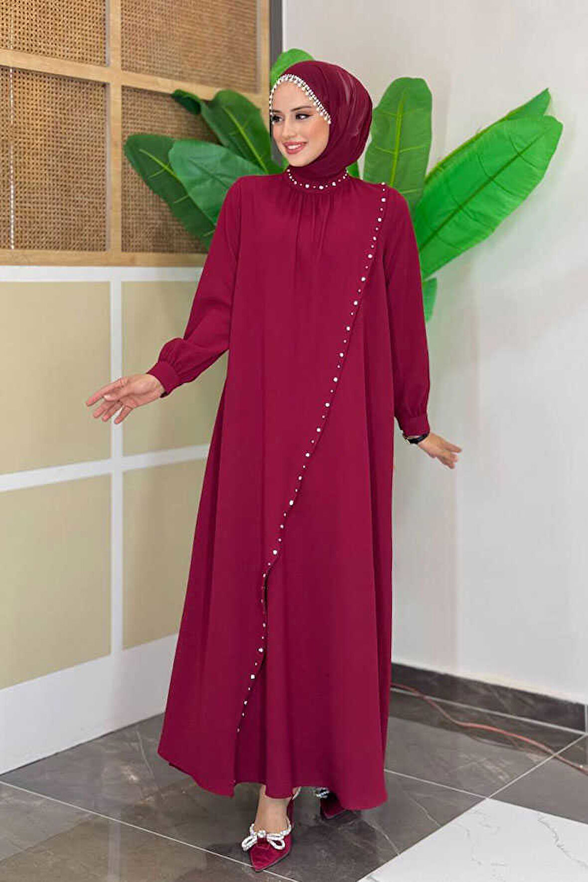 Çapraz Parça Görünümlü İncili Büyük Beden Elbise 3879-1 Bordo