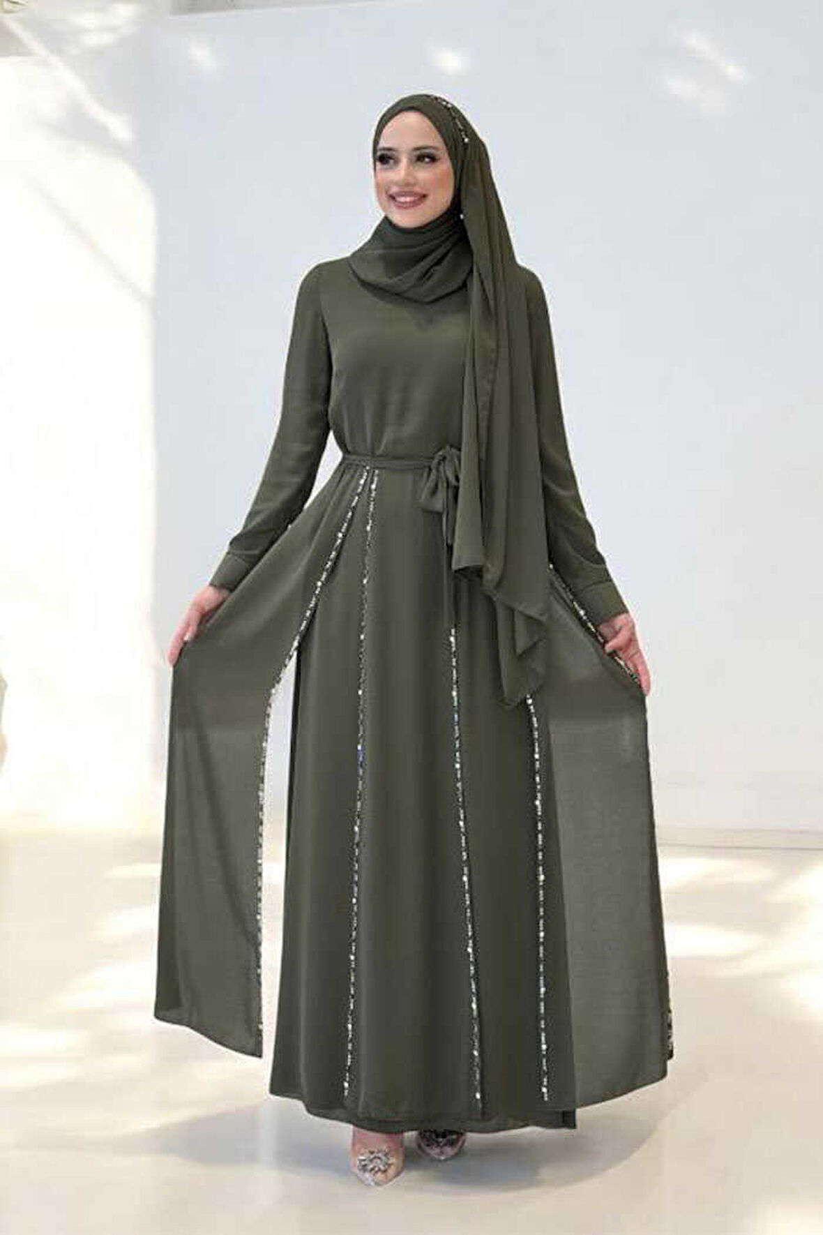 Taş Detaylı Şallı Elbise Takım 3953 Haki