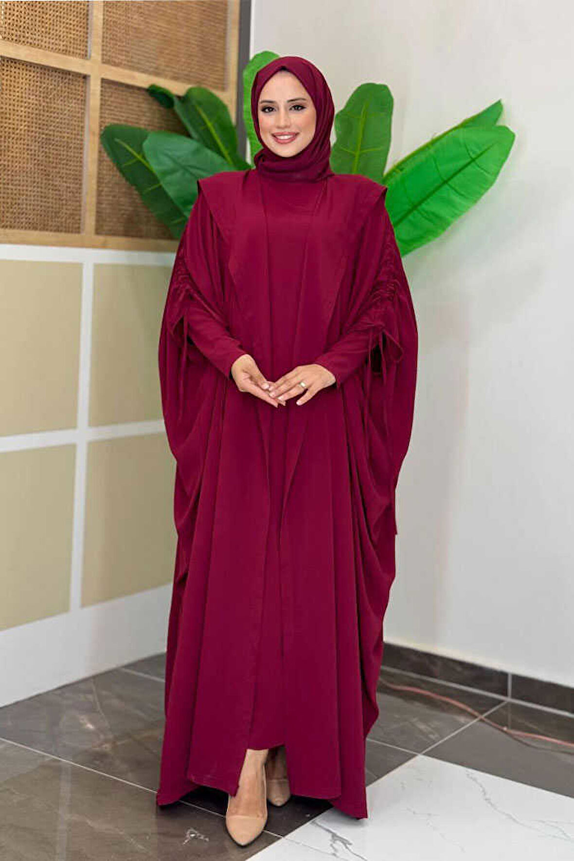 Kapüşonlu Abaya ve  Elbise İkili Takım 70013 Bordo