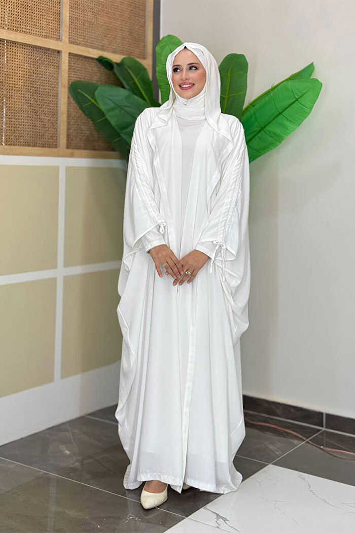 Kapüşonlu Abaya ve  Elbise İkili Takım 70013 Ekru