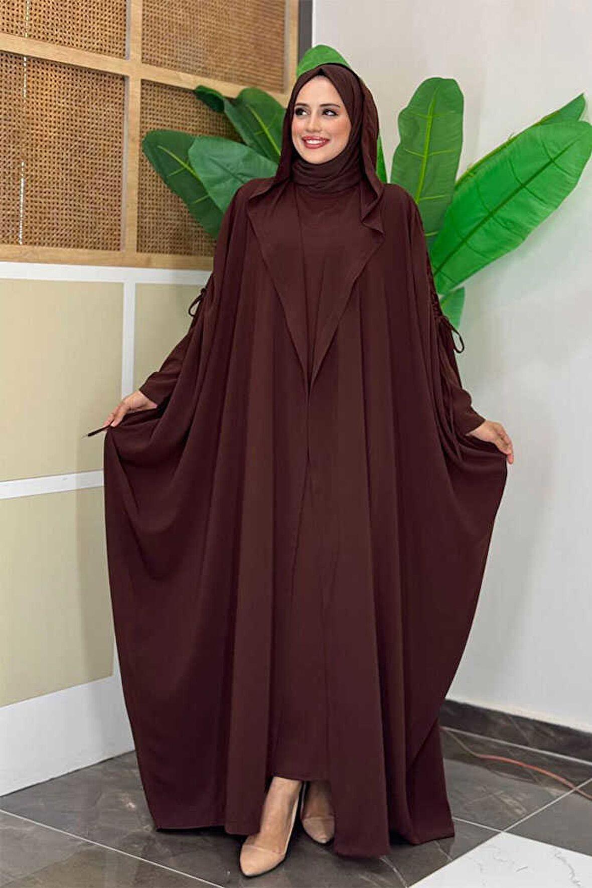 Kapüşonlu Abaya ve  Elbise İkili Takım 70013 Kahverengi