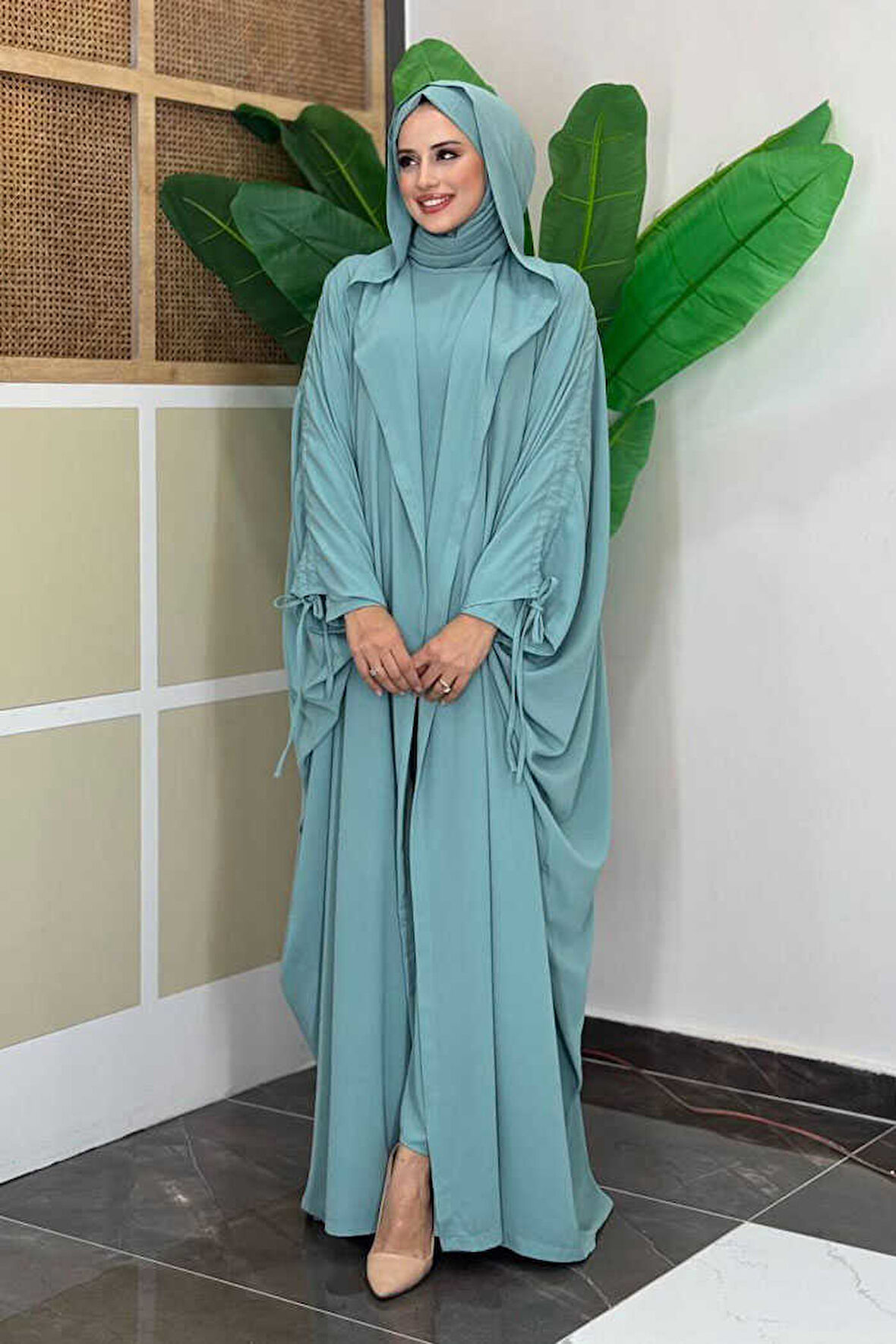 Kapüşonlu Abaya ve  Elbise İkili Takım 70013 Mint