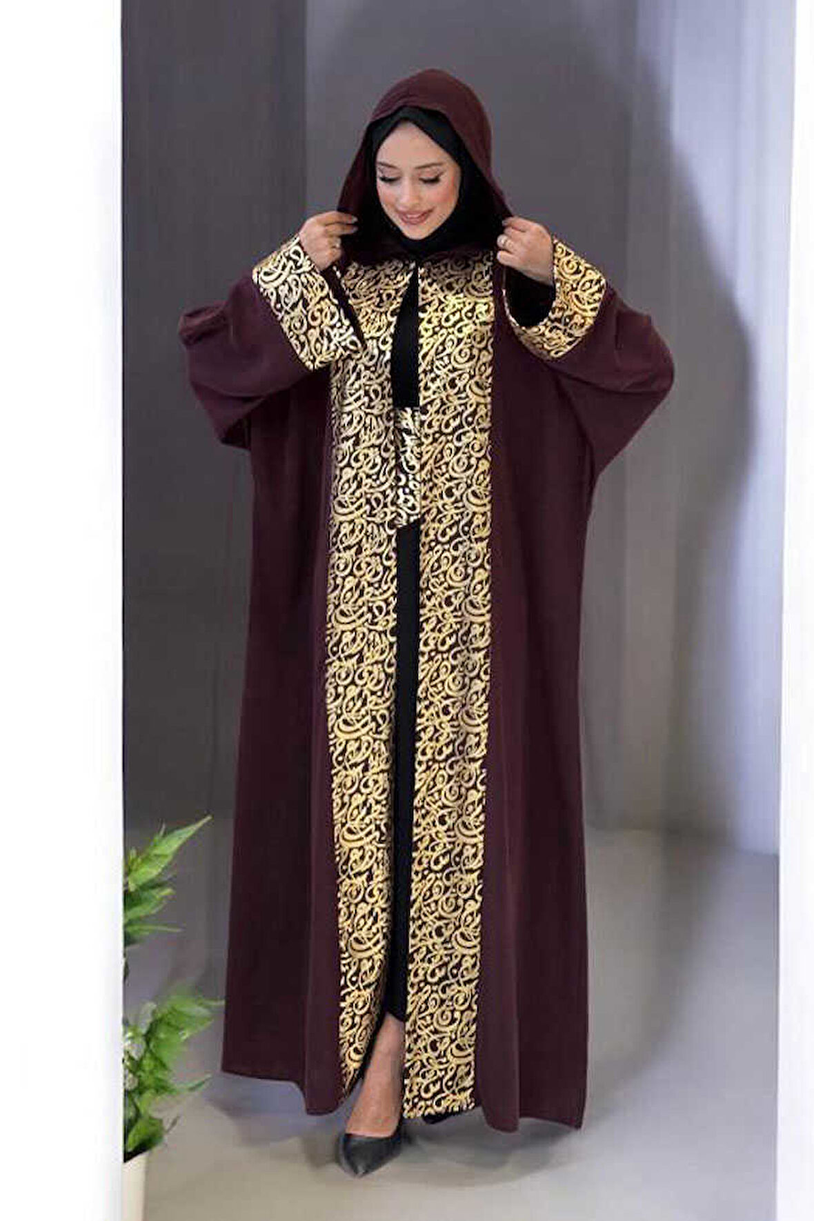 Arapça Harf Baskılı Abaya 70014 Bordo