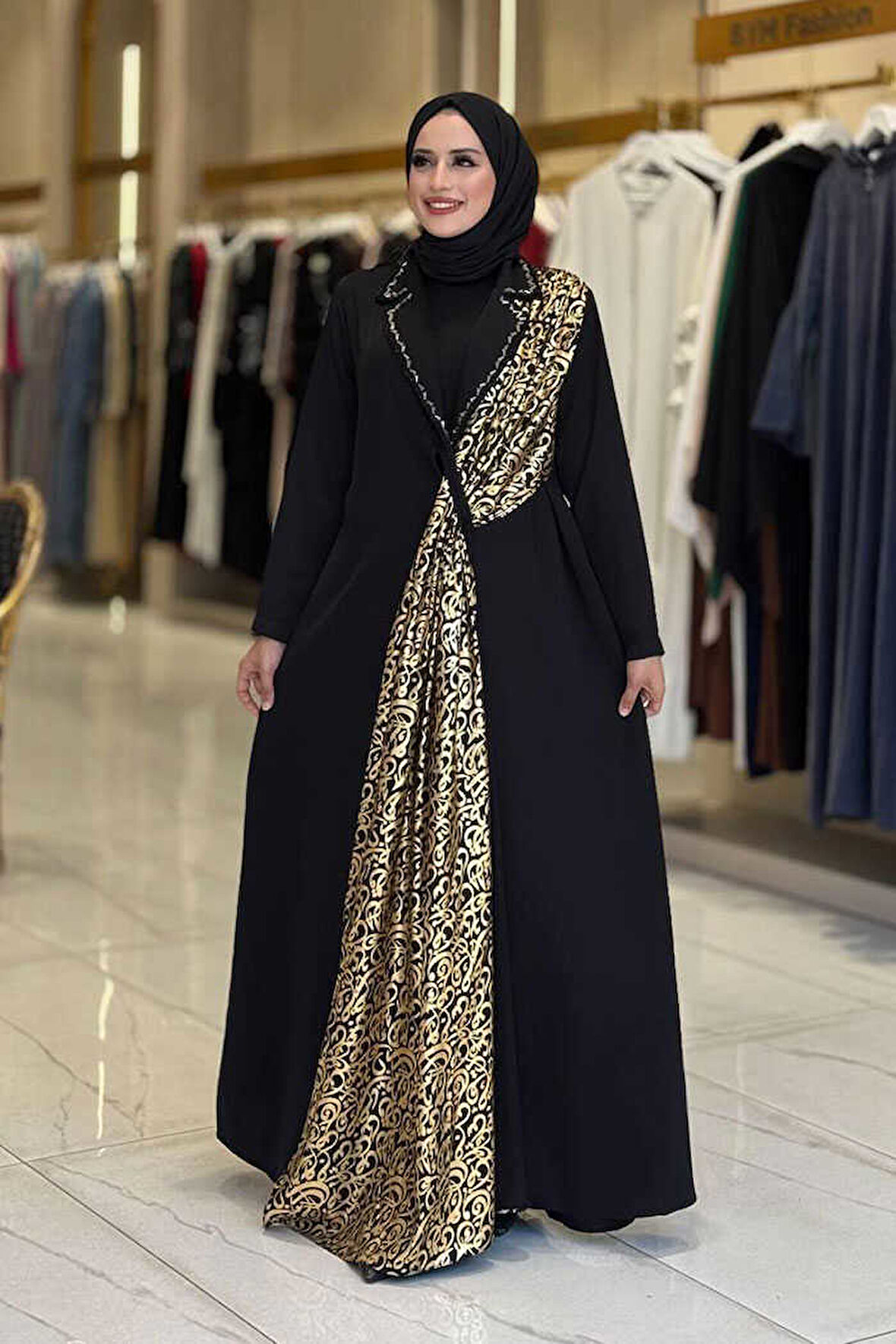 Arapça Harf Baskı Detaylı Abaya 70015 Siyah