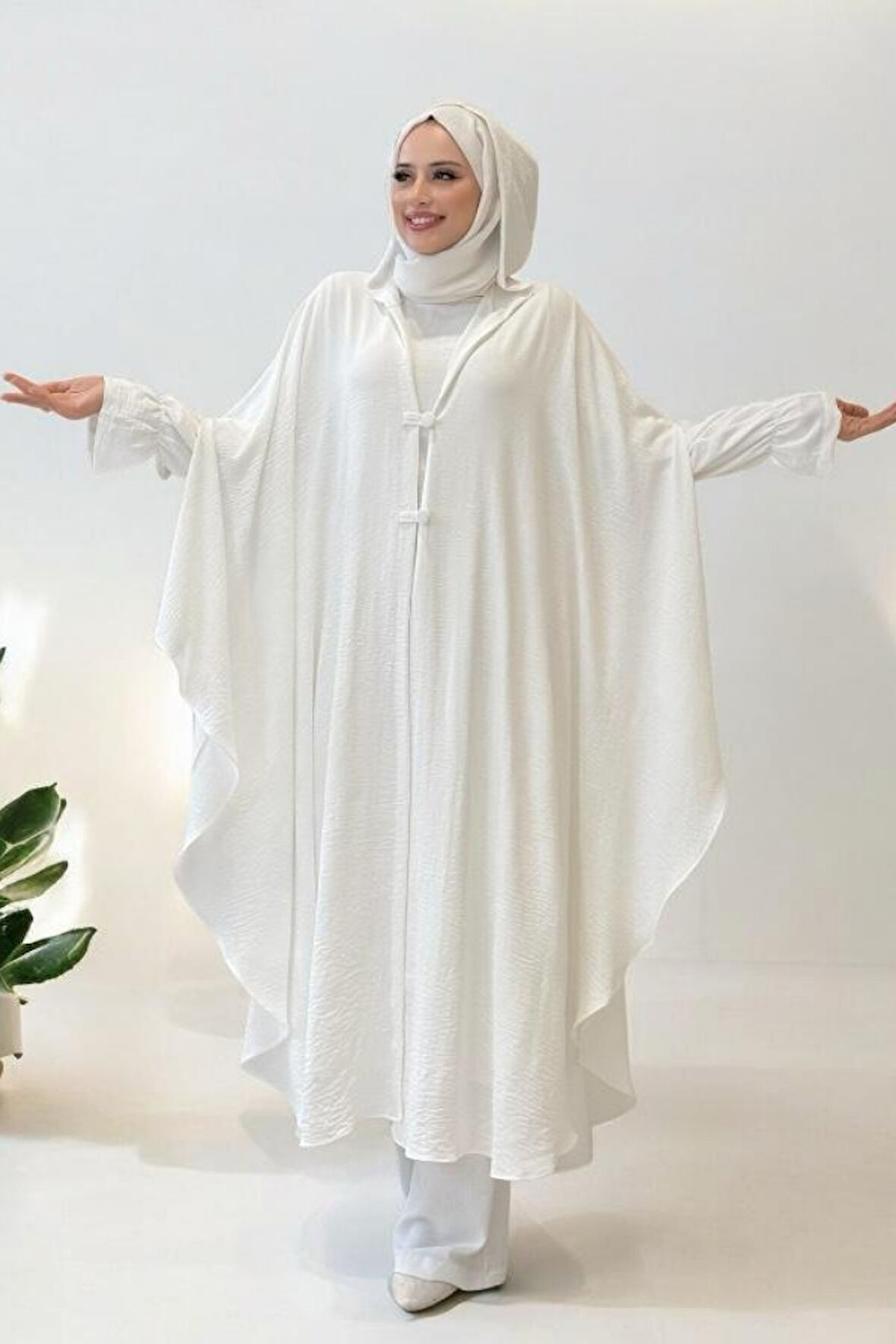 Tunik, Pantolon ve Abaya Üçlü Takım 8663 Ekru
