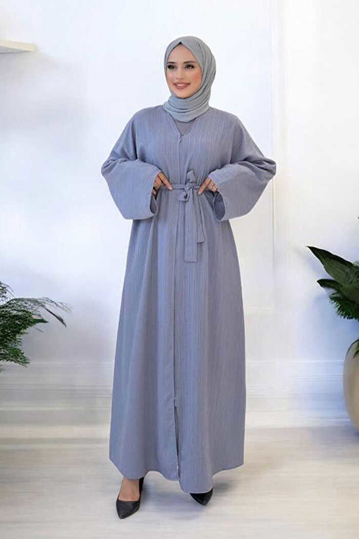 Çıt Çıt Düğmeli Bel Kuşaklı Abaya 70017 Gri